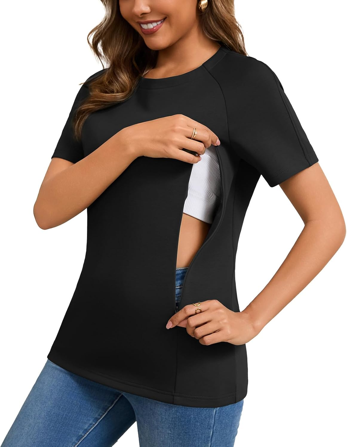 GINKANA Nursing Tops Breastfeeding Tshirt for Women Mama Zipper Distressed Loose-Fit Tee Pregnancy Clothes