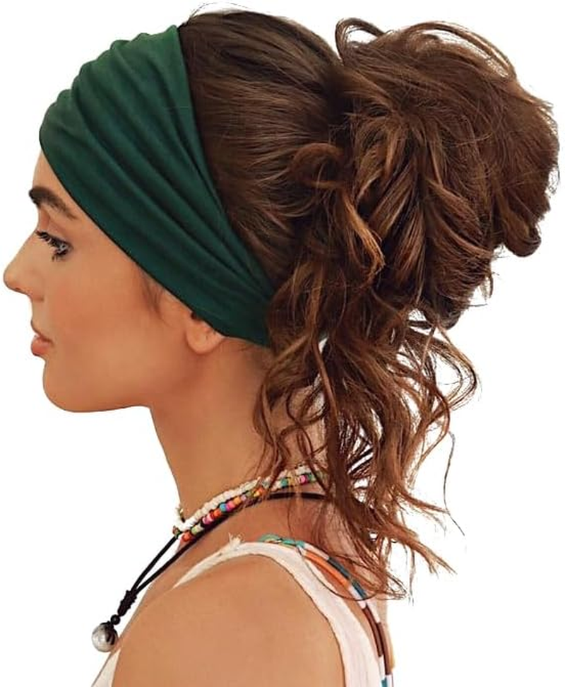 Gili 2 Pack Wide Headbands for Women Boho African Knotted Non Slip Fashion Hair Bands Yoga Running Sports Workout Gym Head Wraps Elastic Soft Cotton Cloth Turbans Bandana for Girls (Dark Green, Teal) image number 4
