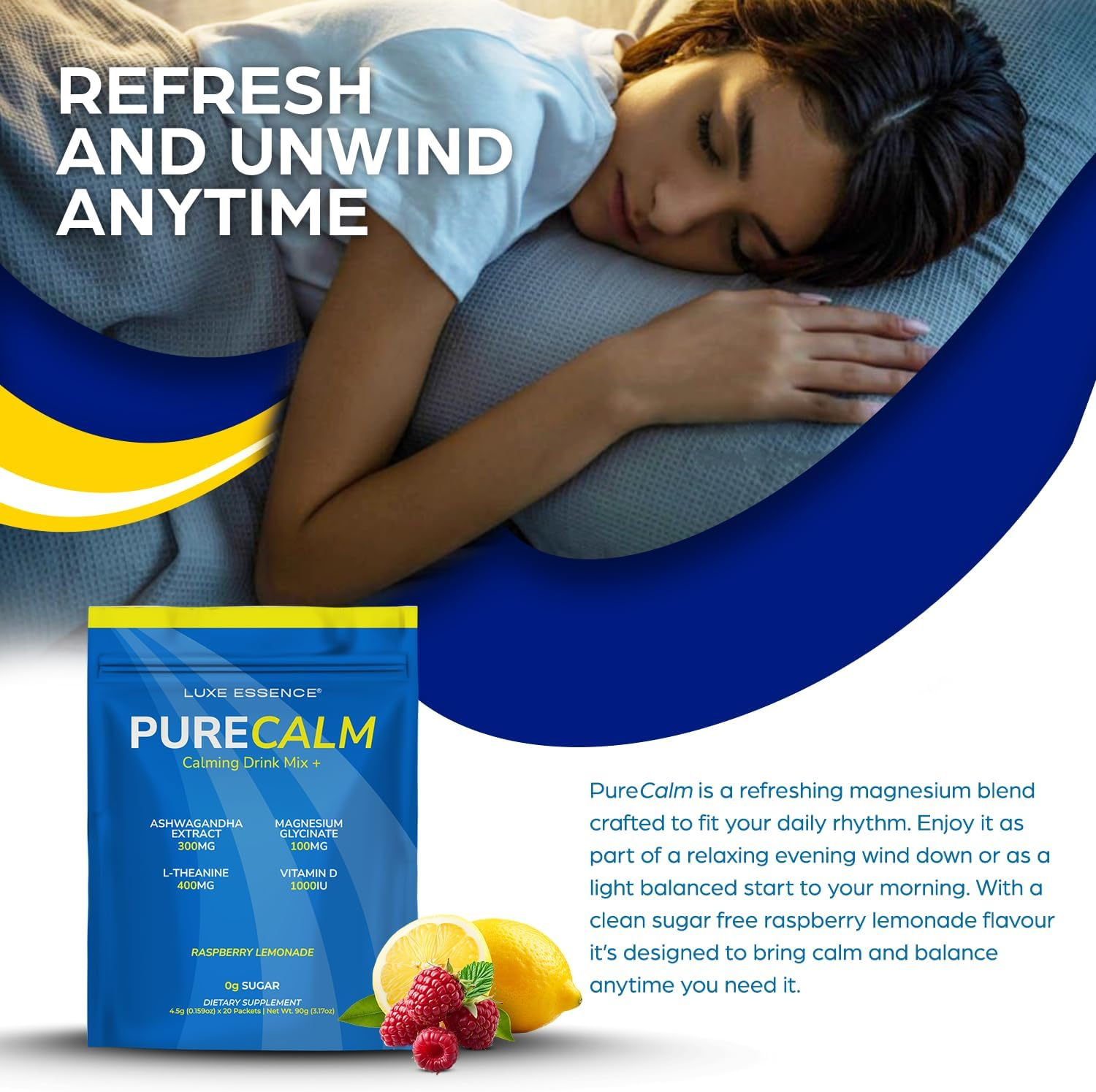 Purecalm Magnesium Drink Mix | Magnesium Glycinate with Ashwagandha, L-Theanine & Vitamin D | Sugar-Free Electrolyte Blend | Raspberry Lemonade Flavour | 20 Stick Packs