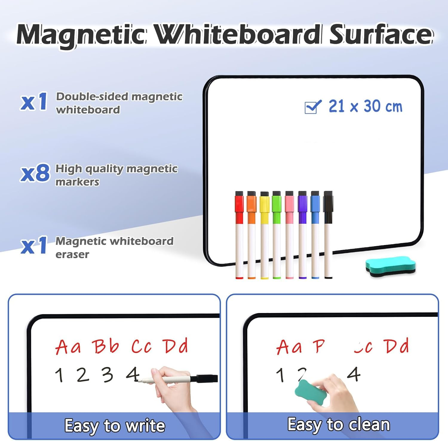 Dry Erase Whiteboard A4, Small Double Sided Magnetic Whiteboard, 21X30Cm Dry Erase Mini Whiteboard with Black Border, 8 Water Based Pens and 1 Board Eraser for Schools, Homes, Offices, Classrooms,