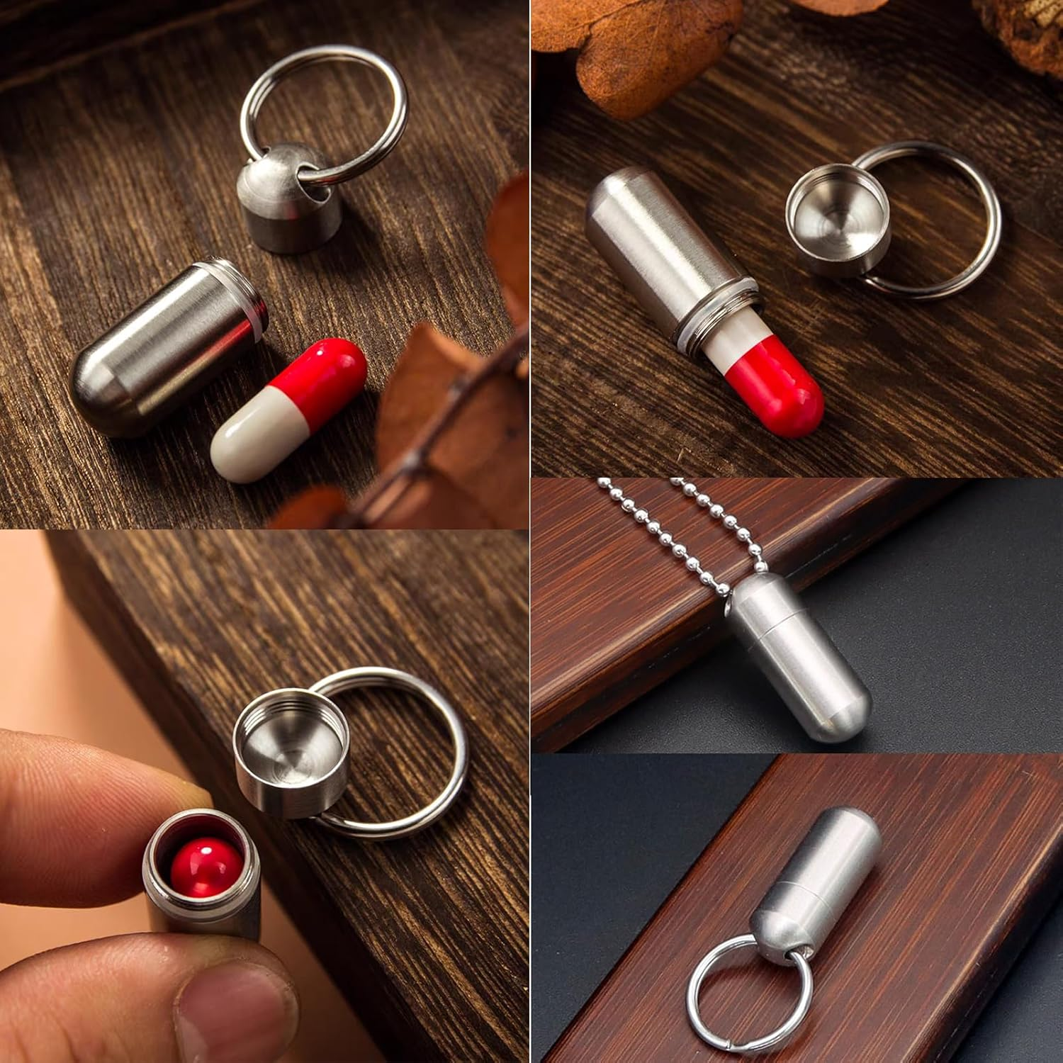 Keychain Pill Box Organiser, Waterproof Pill Holder with Multi-Compartments, Portable Pill Container for Travel Pocket Purse, Small EDC Pill Case with Carabiner Clip for Outdoor/Daily/Emergency (Stainless Steel with Carabiner Clip)