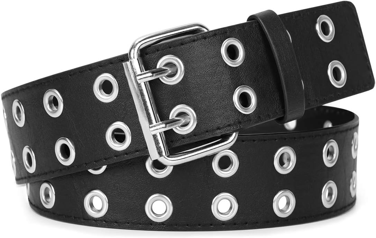 Double Grommet Belt PU Leather Double Prong Belt Buckle for Women Men Jeans by WERFORU - - Suit for Pant below 34" image number 1