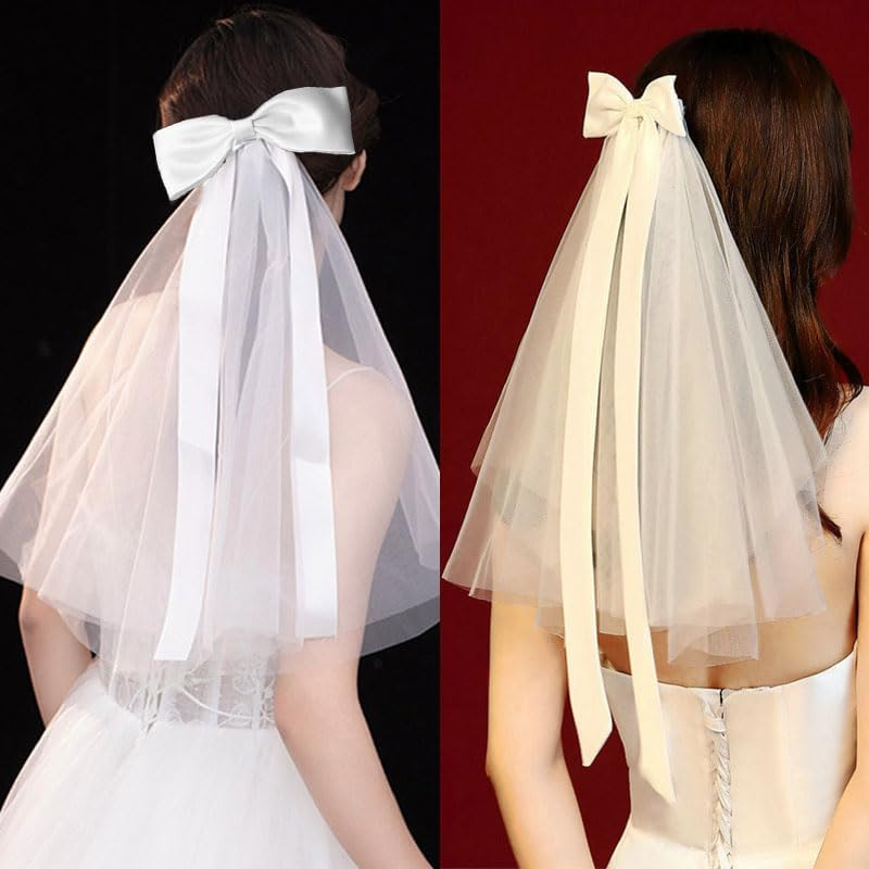 WADY Bridal Wedding Veil Hair Bows White Lace Ribbon Hair Clip Long Tail,Wedding Bow Veil White Pearl Hair Clip Tulle Bridal Hair Bow with Clip Bachelorette Party Accessories for Women and Girls image number 6