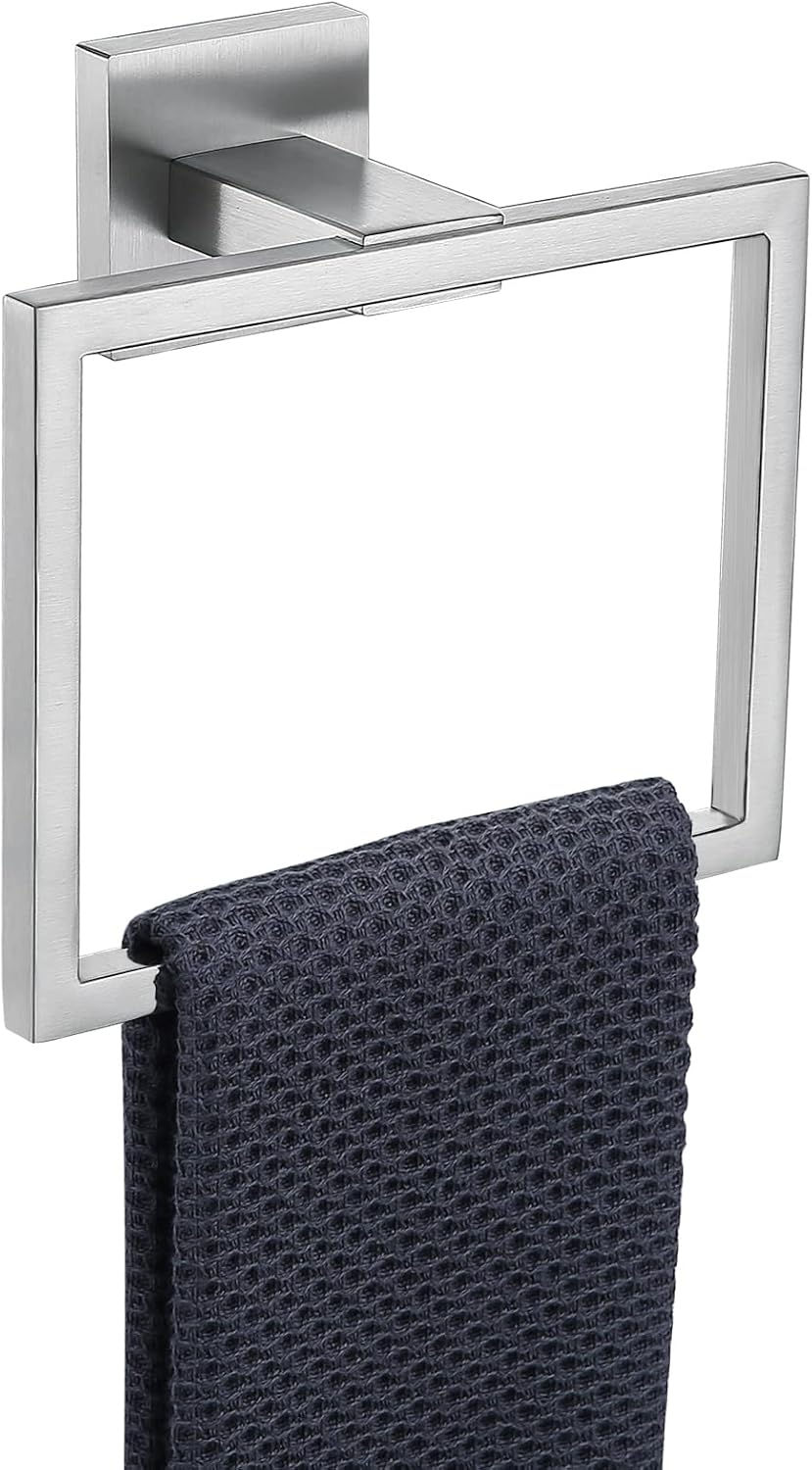 TQKAG Brushed Gold Towel Ring Bathroom Hand Towel Holder Stainless Steel Square Towel Bar Hangers Wall Mounted
