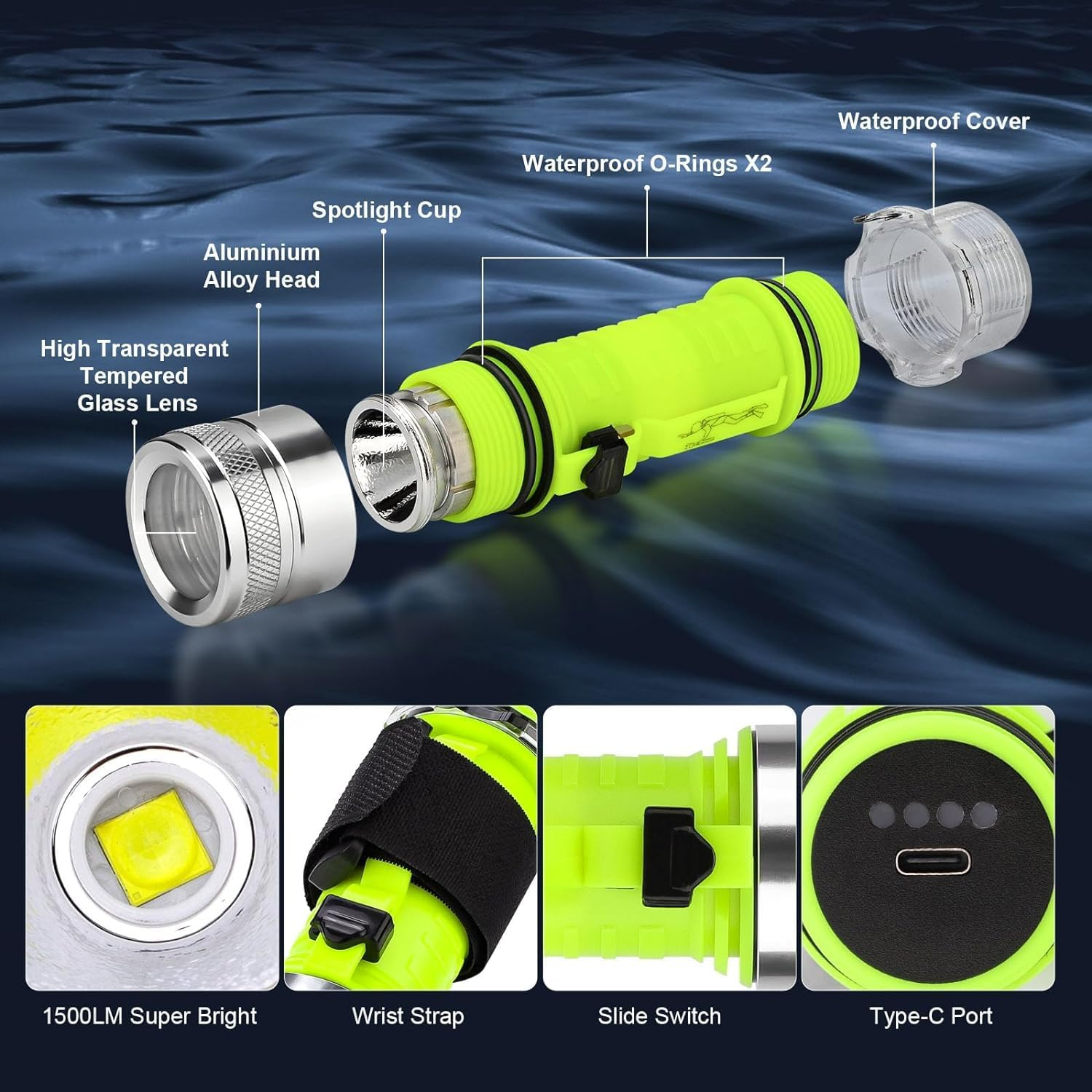 Bluefire Rechargeable Diving Flashlight,1500 Lumen Scuba Dive Torch, IPX-8 Waterproof Diving Torch Tactical Flashlight Night Dive Torch Submersible Light for Outdoor Underwater(1 Pack)