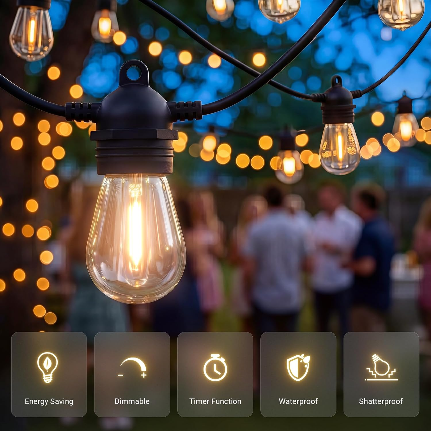 LIWEGHT Festoon Lights Outdoor, 15M 15Bulbs+1Spares LED Outdoor Lights, Christmas String Lights, IP65 Waterproof and Shatterproof Fairy Lights for Garden, Party, Camping