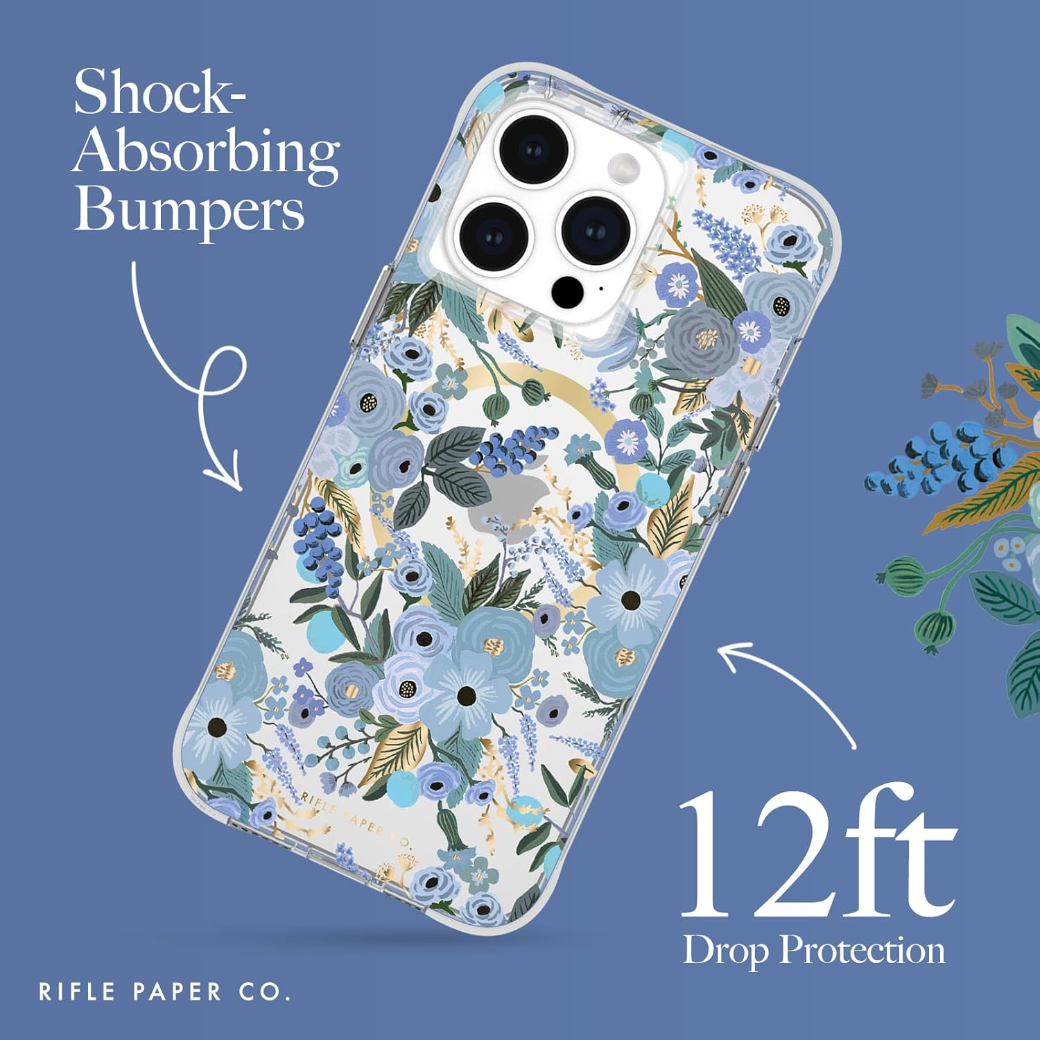 Rifle Paper Co. Iphone 15 Pro Max Case [Compatible with Magsafe] [12Ft Drop Protection] Cute Iphone Case 6.7" with Floral Pattern, Anti-Scratch Tech, Shockproof Material, Slim Fit - Garden Party Blue image number 3