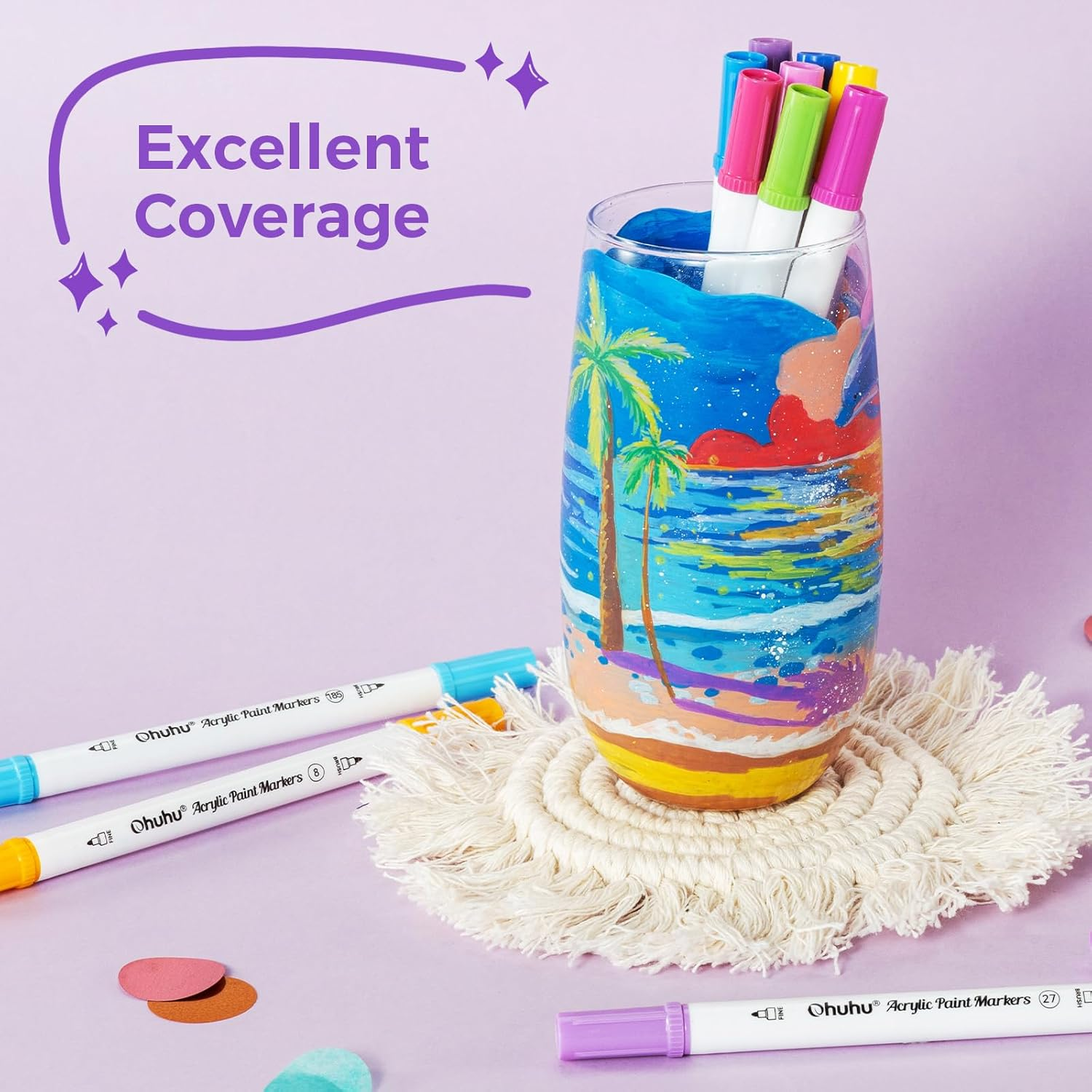 Ohuhu Acrylic Paint Markers Cotton-Core: 36 Colours Dual Tips (Brush & Dot) Paint Pens High Opacity Acrylic Markers Waterproof Lightfast for Rock Painting Easter Eggs Wood Glass Ceramic Canvas image number 6