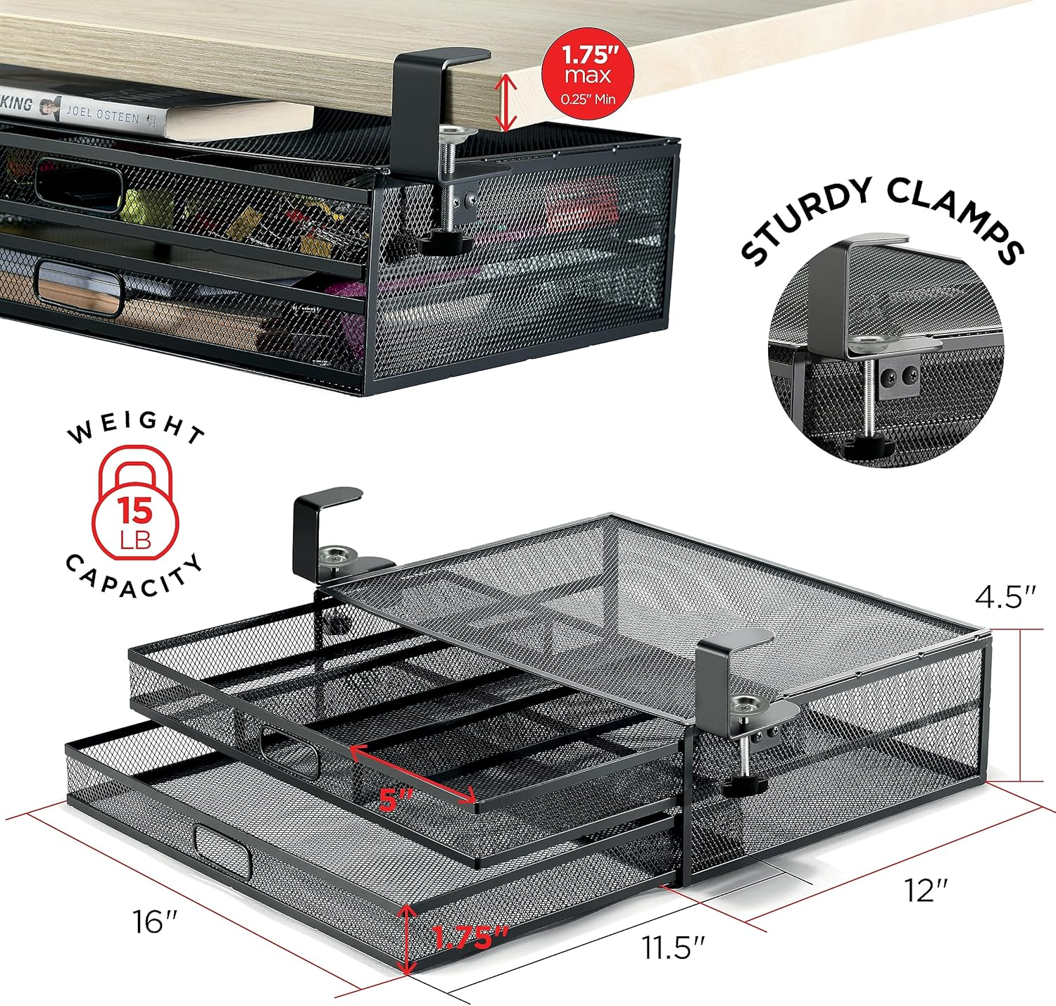 Under Desk Drawer Organizer Clamp-On, Mesh Metal Desk Drawer Attachment, 2 Drawer Slide Out, on Desk or under Desk Organizer for Office Supplies & Home Essentials (2 Drawers)