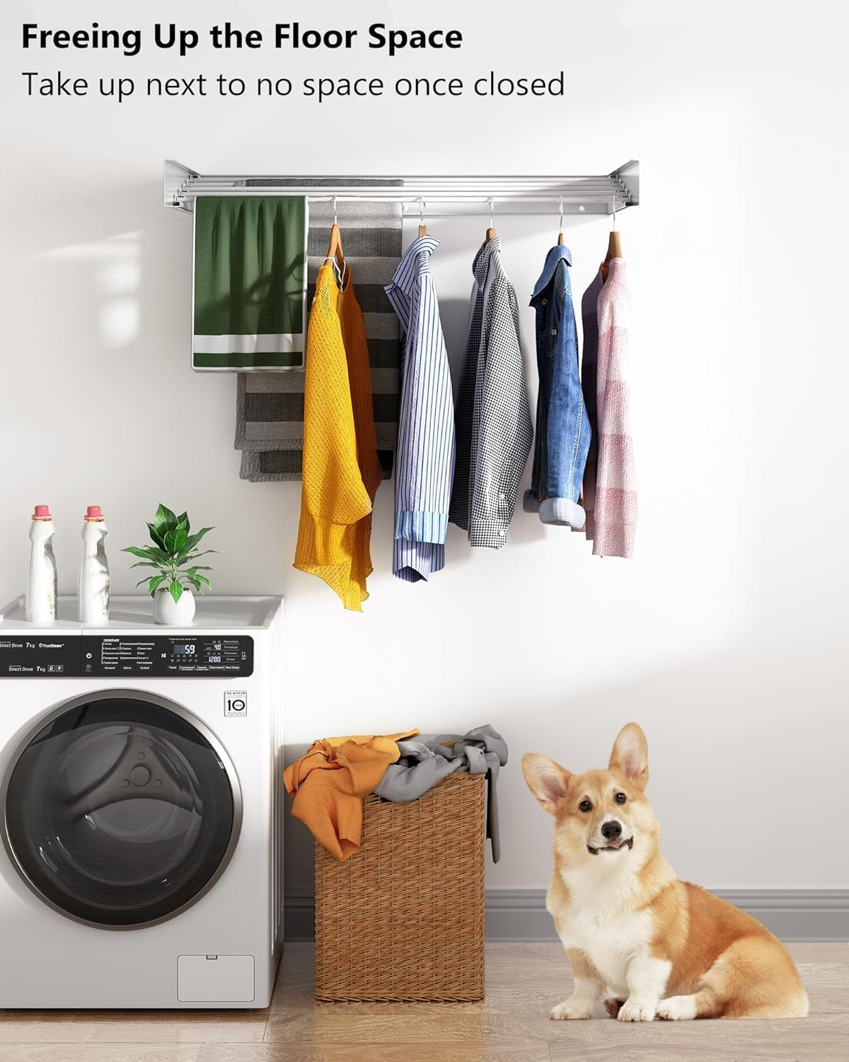 HOMIEST Laundry Drying Rack Collapsible, Wall Mounted Drying Rack, 31.5" Wide, 13.2 Linear Ft, 5 Aluminum Rods, 60 Lb Capacity, Laundry Racks for Drying Clothes with Wall Template Screwdriver Bit image number 5