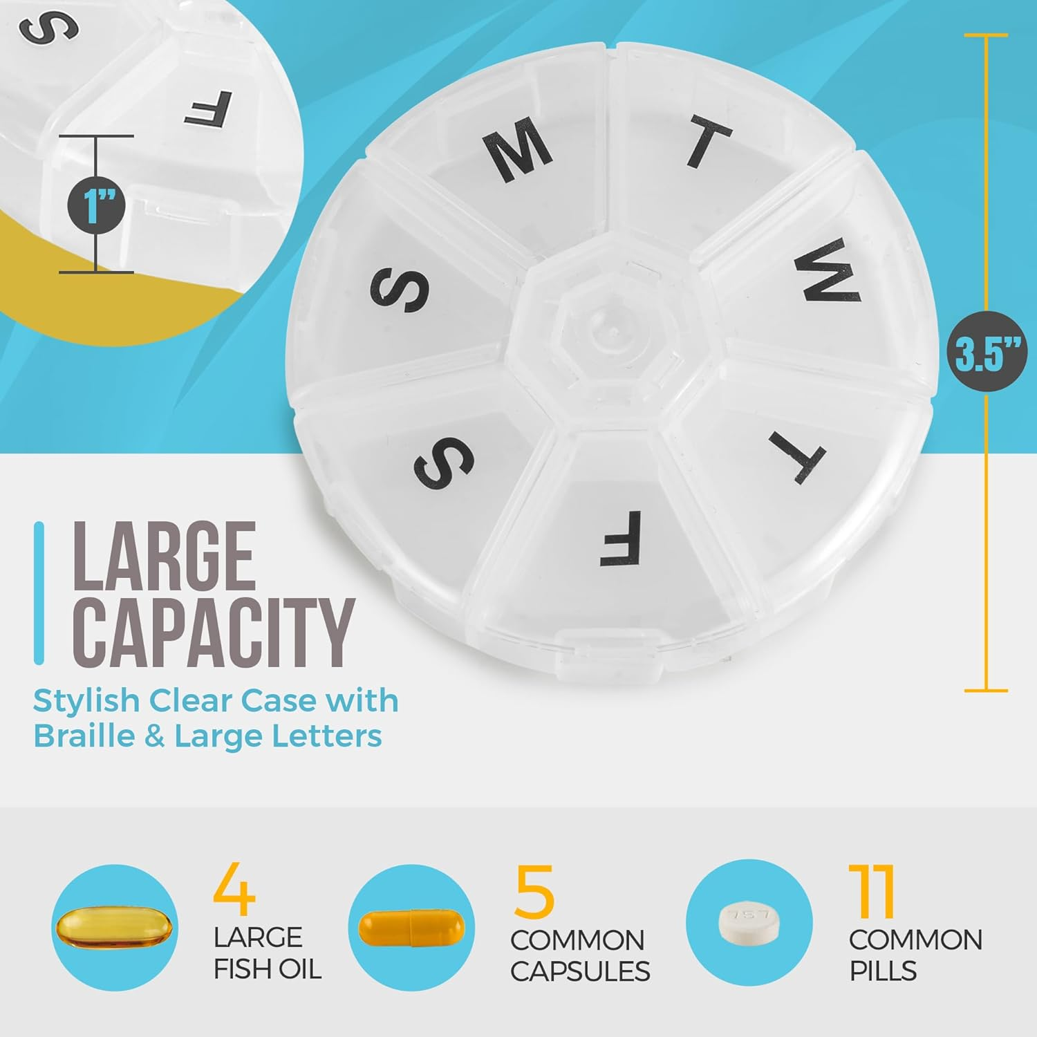 Weekly Pill Organizer - Pack of 2 - Large round Travel Medication Reminder Daily Monday to Sunday Compartments, 7 Days image number 3