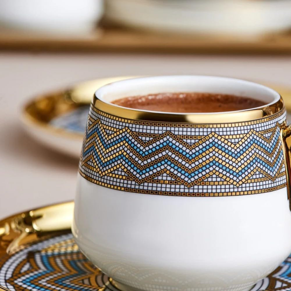 KARACA Suadiye - Porcelain Espresso and Turkish Coffee Cup Set for 6, Espresso Cups and Saucers, 90 Ml Small Coffee Cups Set 12-Piece - Blue & Gold