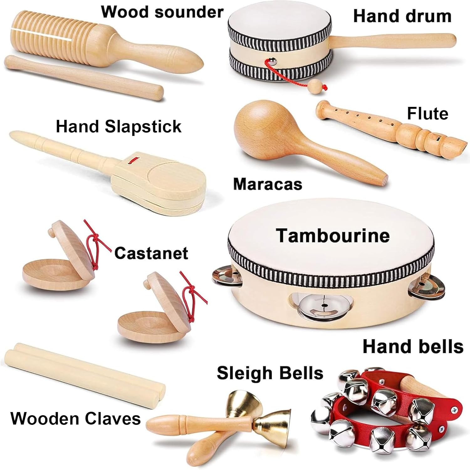 Wooden Kids Musical Instruments for 1-9 Years Old, with Drum, Hand Bells, Flute, Maracas, Castanet, Tamburine, Chime Bar,For Babies and Toddlers, Durable, Safe, Montessori Educational Toy, Storage Bag image number 3
