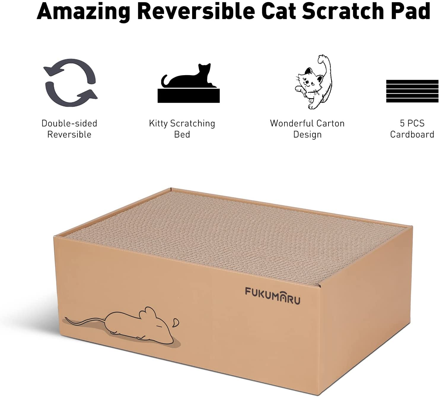 FUKUMARU Cat Scratcher with Box, 5 PCS Reversible Cat Scratch Pad, Corrugated Scratching Bed for Indoor Kitty, 5 in 1 Replacement Cardboard Refill Lounge for Small Medium and Large Cats, Lazy Cat image number 4