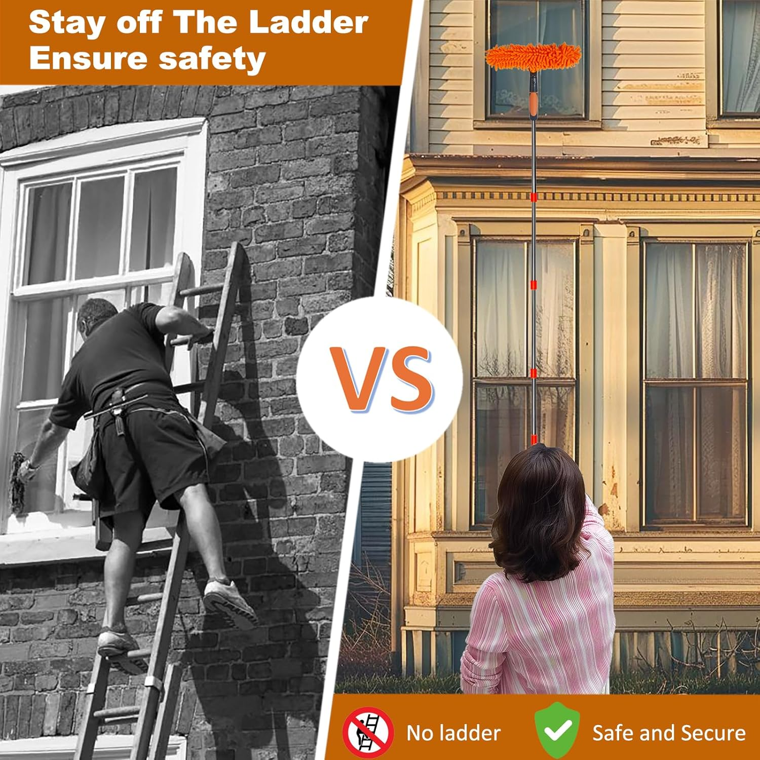 20 Ft+ Reach Squeegee Cleaner Duster 2 in 1 Rotatable Window Cleaning Tool Kit with 3-14 Ft Extension Pole, Washing Equipment for Indoor Outdoor Glass Car - 3 Pads image number 2