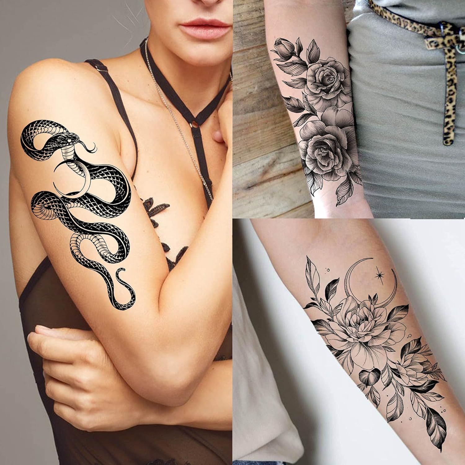 64 Sheets Long Lasting Flower Temporary Fake Tattoos for Women Arm Neck, Jellyfish Sunflower Moon Rose for Adults Girl, 3D Temp Realistic Snake Tatoo Stickers Serpent Peony Floral Kids image number 4