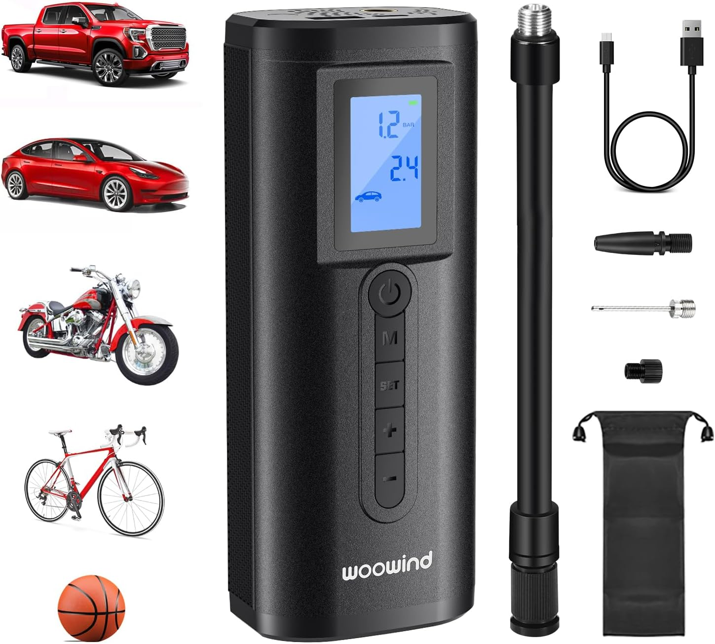 Woowind AP2-P Cordless Tyre Inflator Electric Bike Pump with Digital Pressure Gauge, Rechargeable Car Portable Air Compressor Tyre Pump for Car, Bicycle, Motorcycle, Scooter,Balls (AP2-P) image number 3