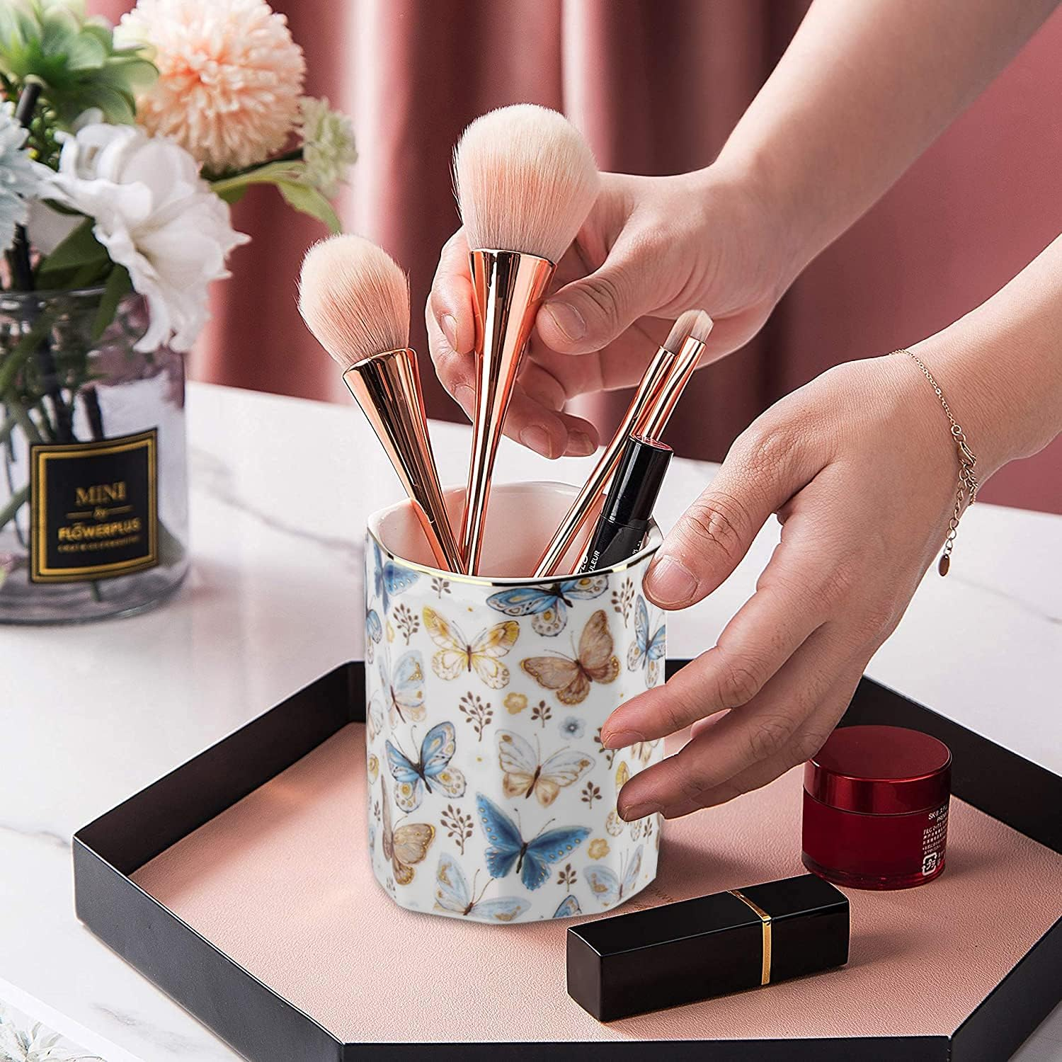 Jwest Pen Holder, Ceramic Shiny Gold Graphic Butterfly Pattern Pencil Cup for Girls Kids Women Durable Stand Desk Organizer Makeup Brush Holder Gift for Office, Classroom, Home Butterfly image number 5
