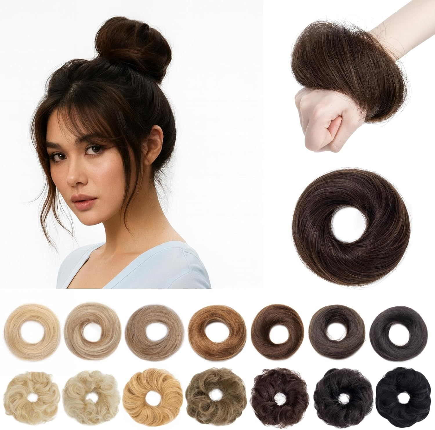 SEGOHAIR Messy Real Hair Bun Scrunchie Human Hair Piece for Women Updo Donut Bun Hairpiece Straight #02 Dark Brown image number 3