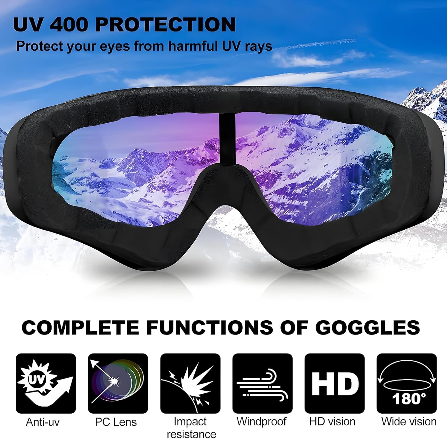 Ski Goggles, Motorcycle Goggles, UV Protection, Adjustable Snowboard Snow Goggles for Men, Women, Adult, Youth image number 1