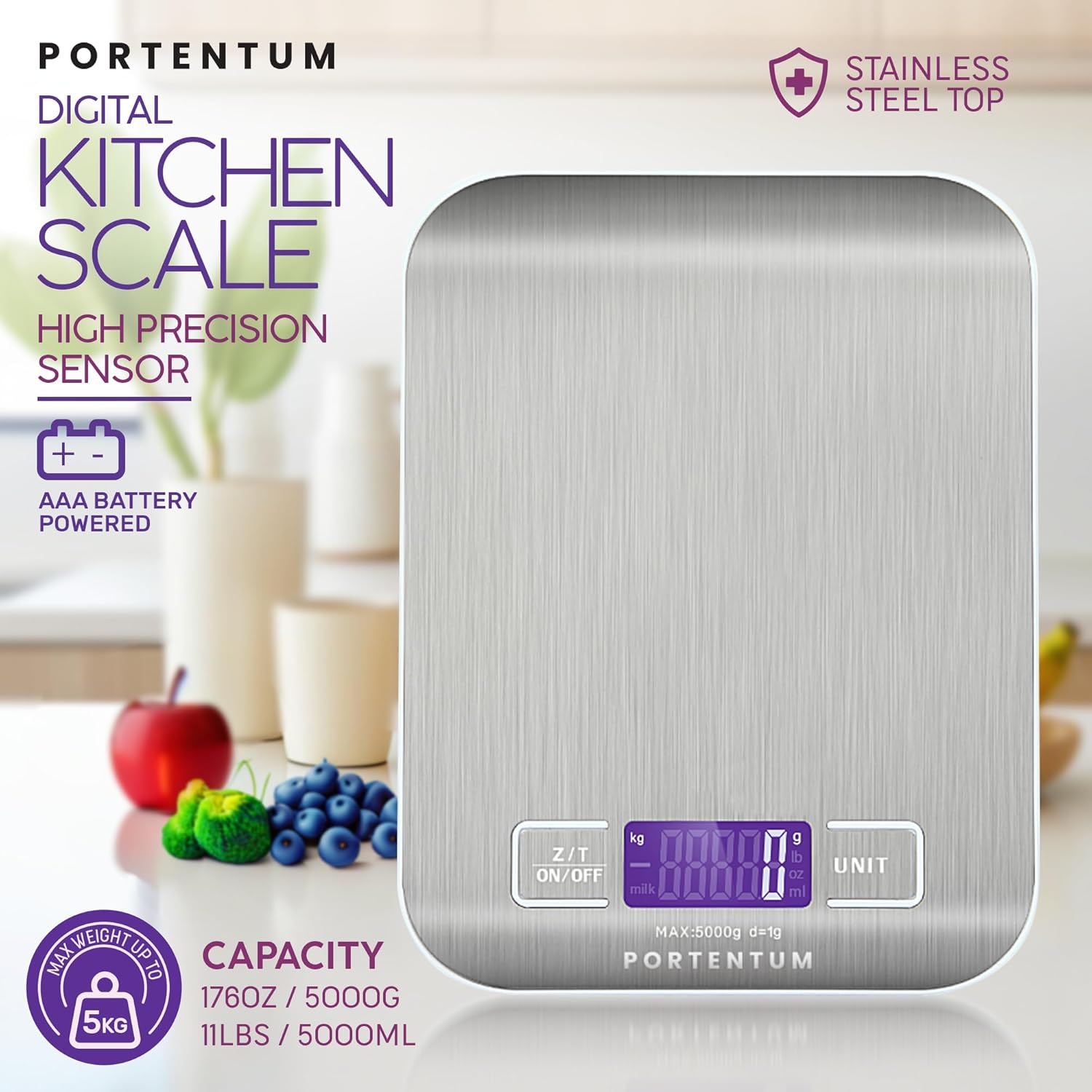 PORTENTUM Digital Kitchen Scales 5 Kg with Large LCD Display, Digital Scale, Letter Scales with Large Stainless Steel Weighing Surface, Liquid Measurement, High Precision up to 1 G, Tare Function, image number 5