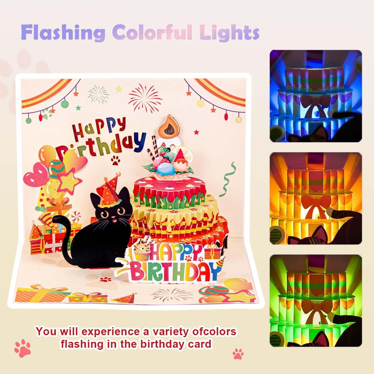 Musical Birthday Card with Lights,3D Happy Birthday Card with "Cat Meowing" and "Happy Birthday to You" Song &ldquo; for Men, Women, Kids, Family, and Friends