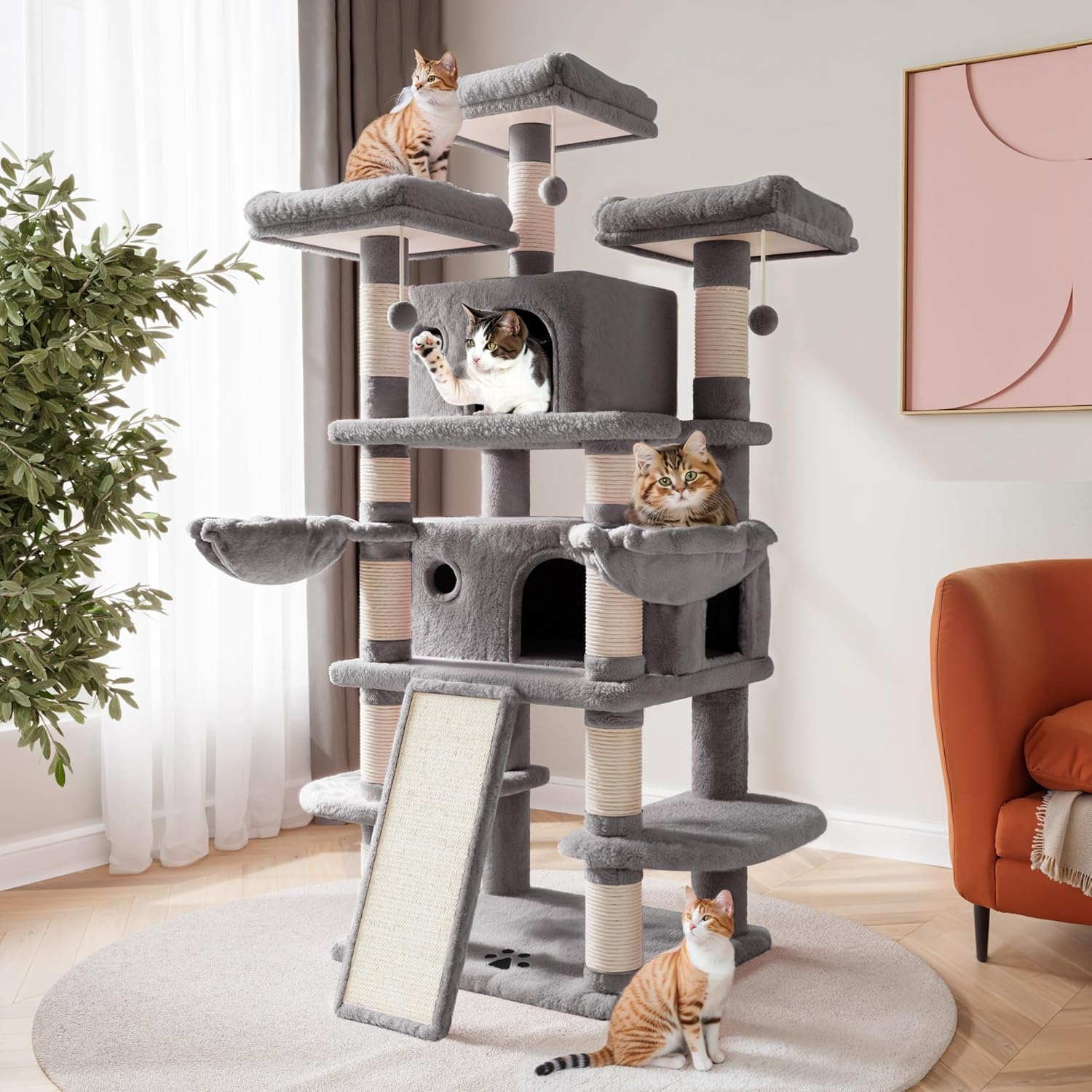 SHA CERLIN 68 Inches Multi-Level Large Cat Tree for Large Kitties/Big Cat Tower with Condo/Cozy Plush &zwnj;Pussycat Perches/Sisal Scratching Posts and Hammocks/Activity Center/Pink