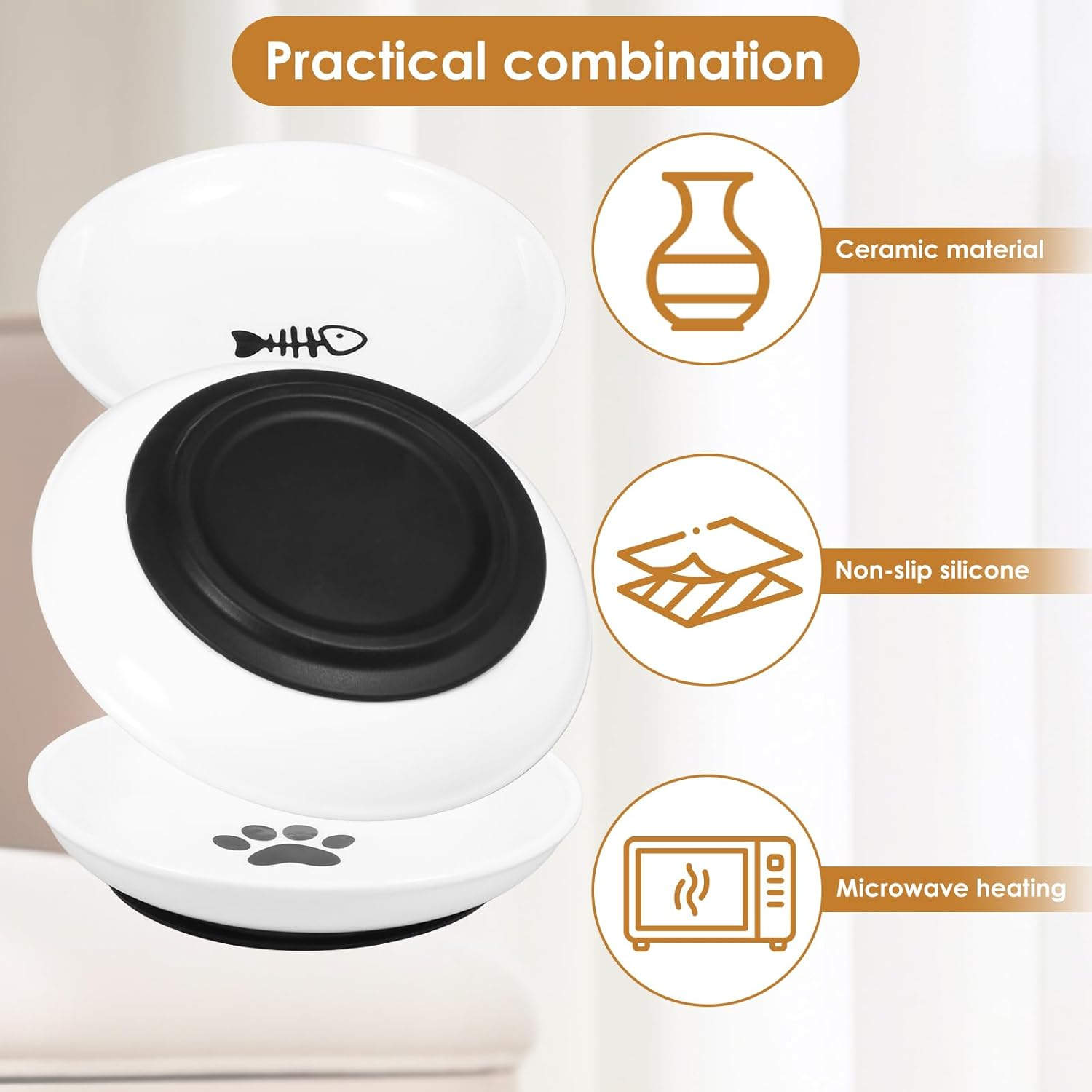 2/4Pcs Pet Plate, Raised Cat Food Bowl Ceramic Cat Dishes with Nonslip Silicone Base Pad Shallow Wide Kitten Bowls for Wet/Dry Food Indoor Pets (White 01) - White 01 image number 6