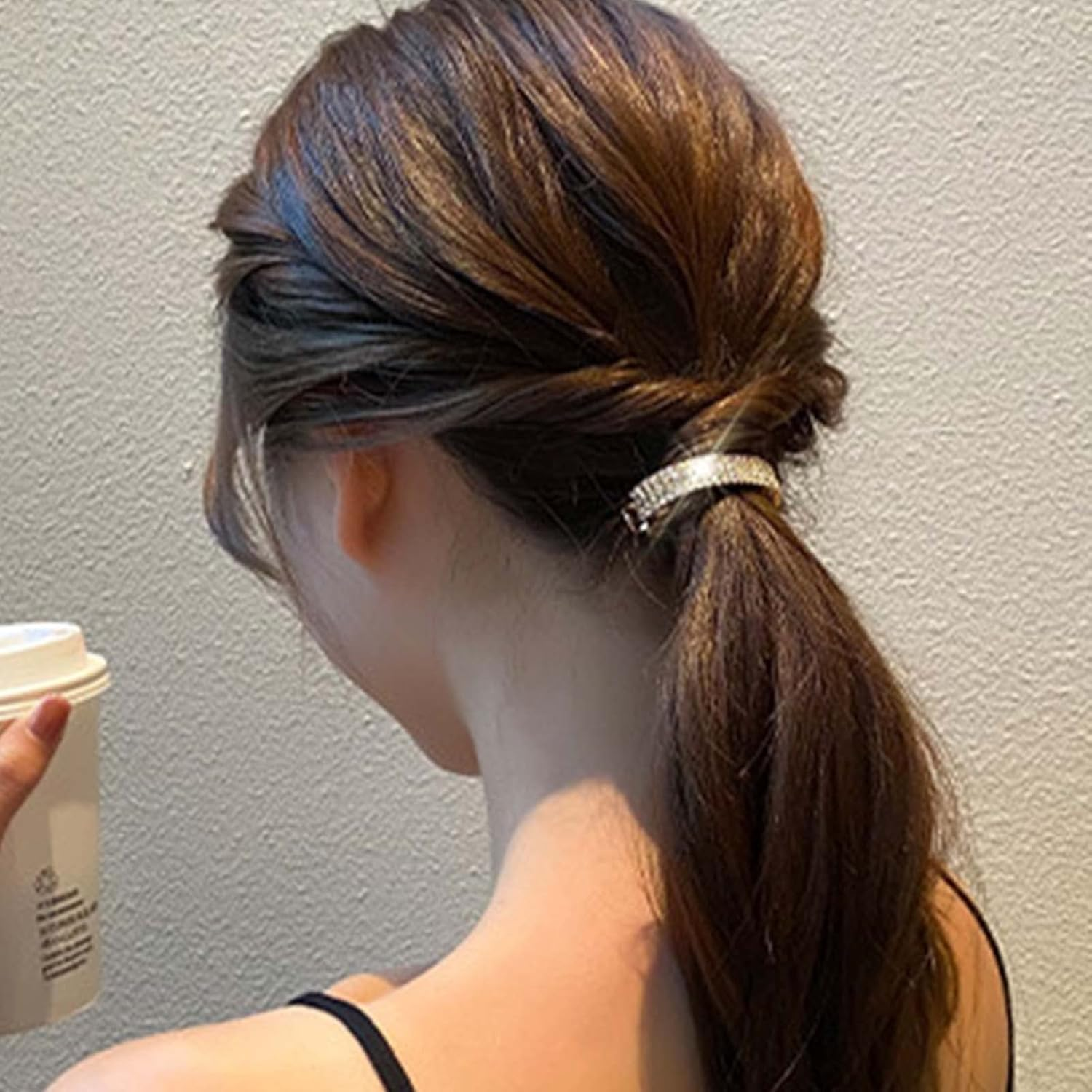 Wendalern Boho Rhinestone Ponytail Holder Cuffs Geometric Hair Holder Clip Headband Silver Crystal Ponytail Hair Band Wedding Ponytail Hair Clip Hair Accessories for Women Girls image number 3