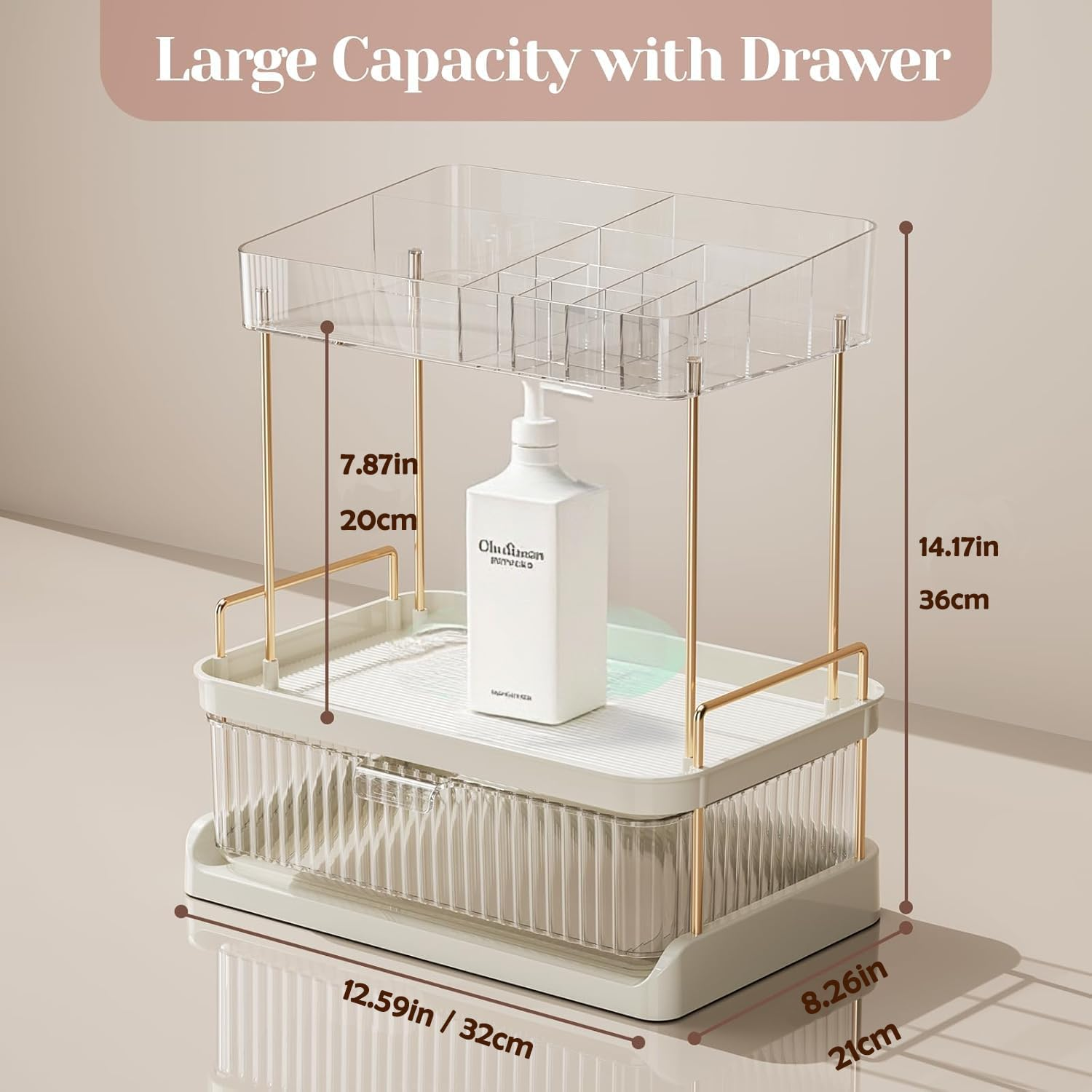 2-Tier Bathroom Counter Organizer with Large Drawer and Compartments, Clear Skincare and Makeup Organizer for Countertop, Multi-Purpose Cosmetic Storage Box image number 3