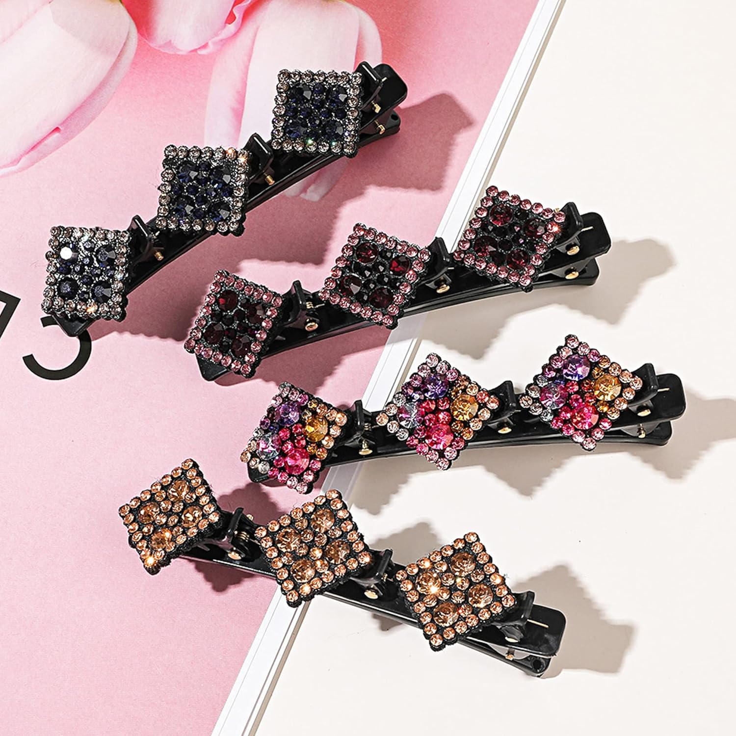Sonnorel Pack of 4 Hair Clips with Crystal Flower, Crystal Hair Clip Made of Four Leaves Beauty Salon Hair Pins Sparkling Crystal Stone Braided Hair Clips, Rhinestone Braided Hair Clip for Women image number 3