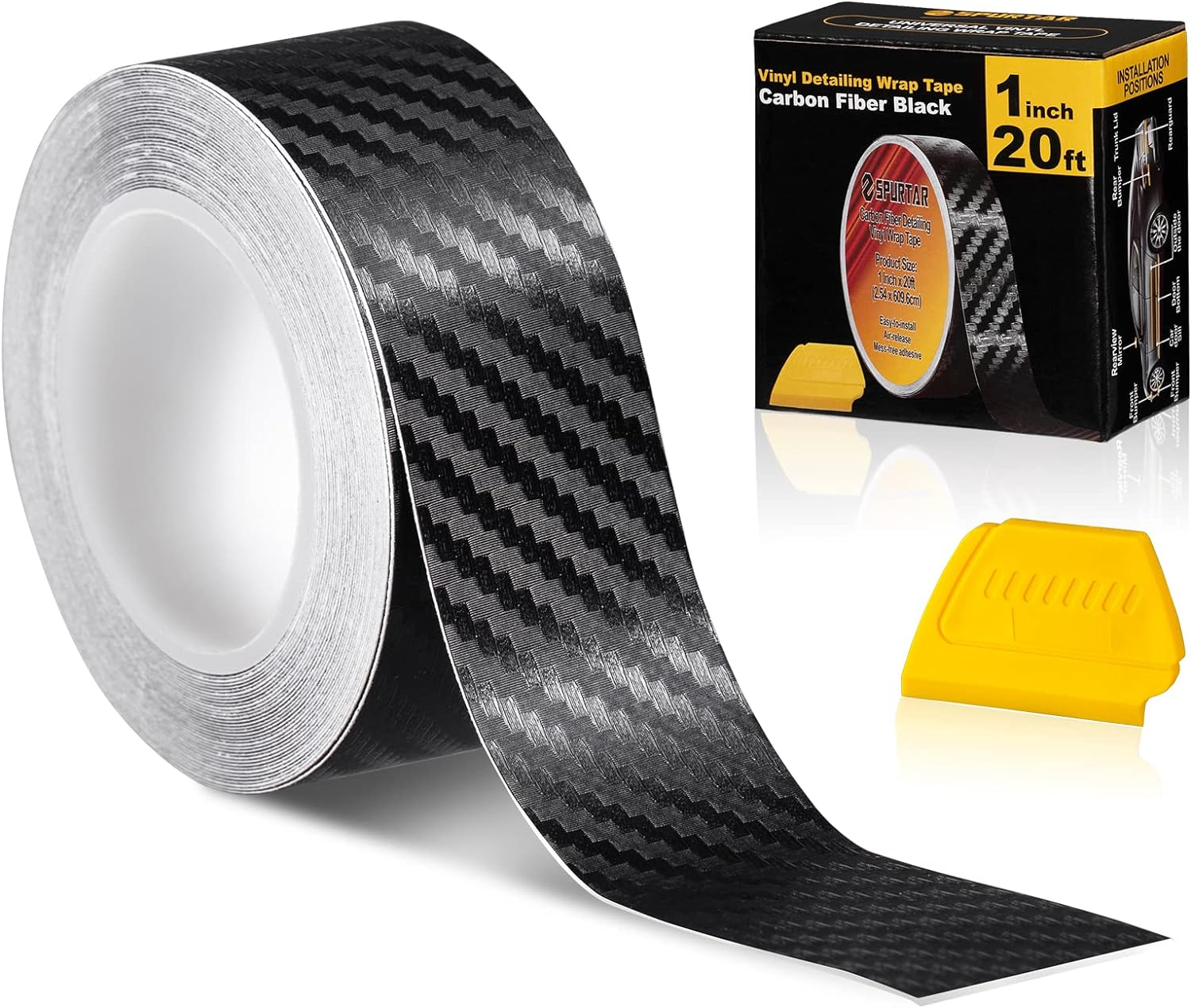 Spurtar Carbon Fiber Wrap, 1 Inch X 20 Ft Air Release Black Vinyl Wrap for Cars Chrome Delete 3D Carbon Fiber Tape Blackout Exterior Decor Tape for Vehicles DIY Free Tool 2.5 X 600Cm