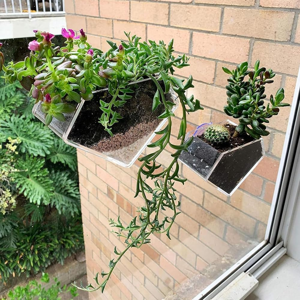 NYGHMY 1 Pcs Diamond Shape Acrylic Window Planter - Transparent Suction Cup Pot for Succulents, Herbs, and Indoor Gardens image number 2