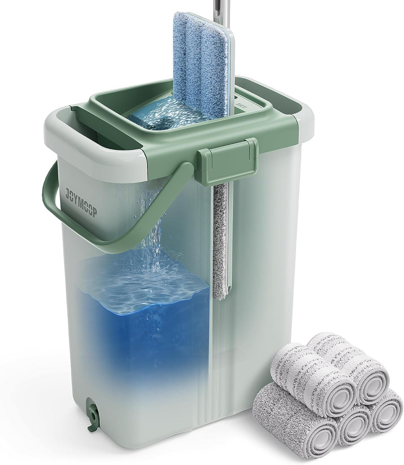 JOYMOOP Mop and Bucket Set with Wringer, Dust Mops for Floor Cleaning, Wall Cleaner with Long Handle, Microfiber Mop - White Bucket with 3 Reusable 15" Microfiber Pads