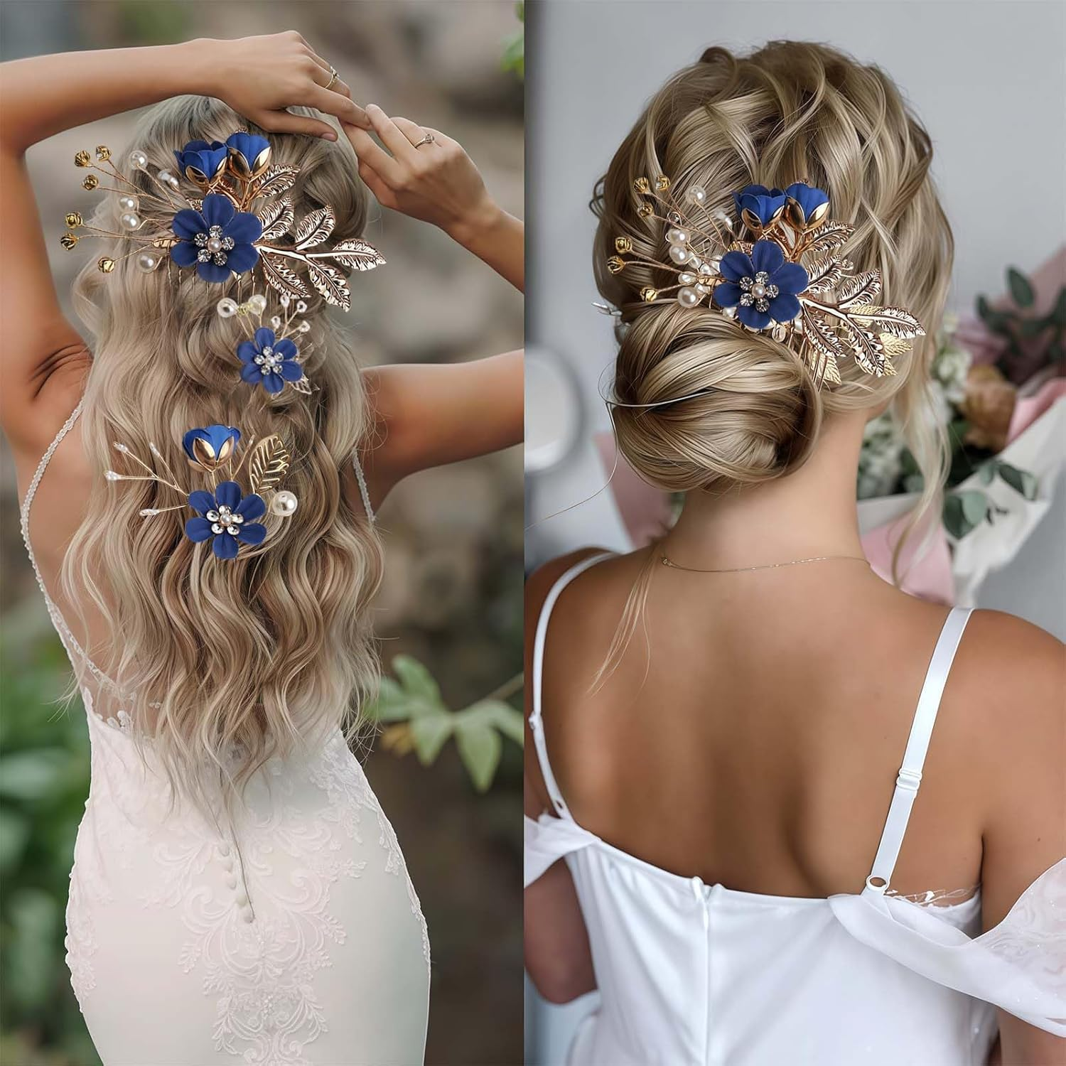 LUMOOM Set of 4 Bridal Hair Accessories, Elegant Flower Hair Comb and Hair Pins Set, Bridal and Bridesmaids Hair Clip Wedding, for Communion, Prom and Party (Royal Blue) image number 5