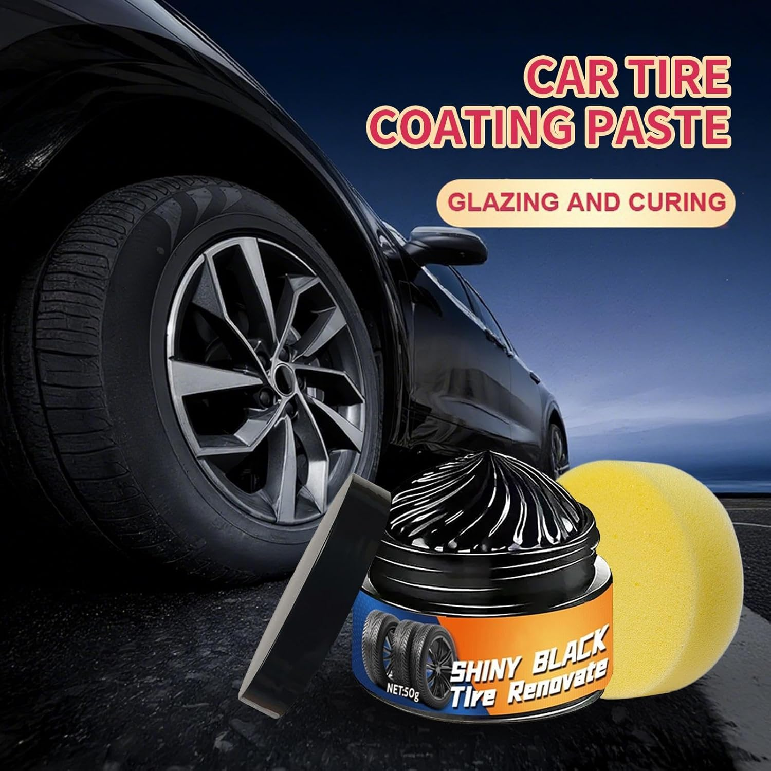 Gupcaqosjw Tire Paste - Tyre Dressing Rim Care Wax,50G Sponge Included Automotive Maintenance Restorer for Caravan Truck Garage Commuting Road Trip Minivan image number 2