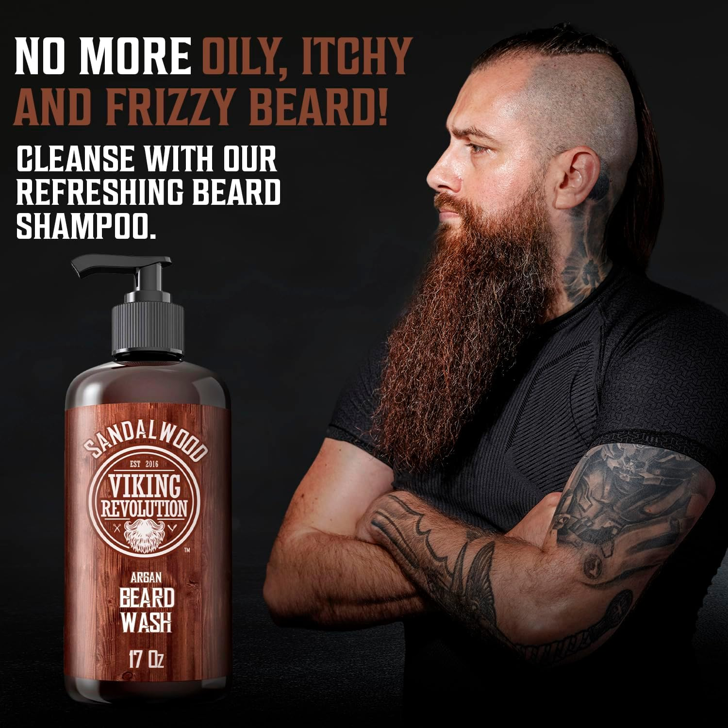 Viking Revolution Beard Wash Shampoo W/Argan & Jojoba Oils - Softens & Strengthens - Sandalwood Scent - 17 Oz Shampoo image number 1