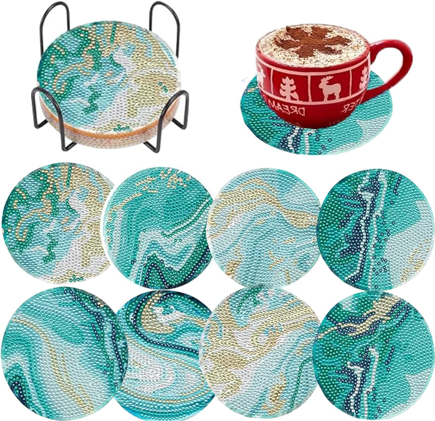 8Pcs Diamond Painting Coasters with Holder, Diamond Art Coasters for Beginners, DIY Teal Marble Ocean Coasters Set for Drinks Painting, Art Kits Craft Supplies for Adults image number 3