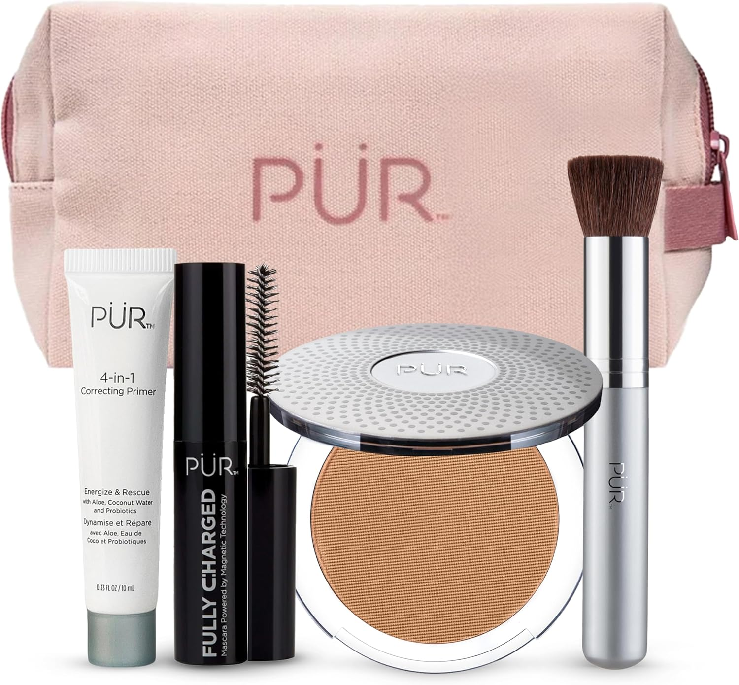 P&Uuml;R Minerals Multitasking Essentials Kit, Blush Medium - Makeup Gift Set Includes 4-In-1 Correcting Primer, Fully Charged Mascara, 4-In-1 Pressed Mineral Powder & 1 Chisel Brush