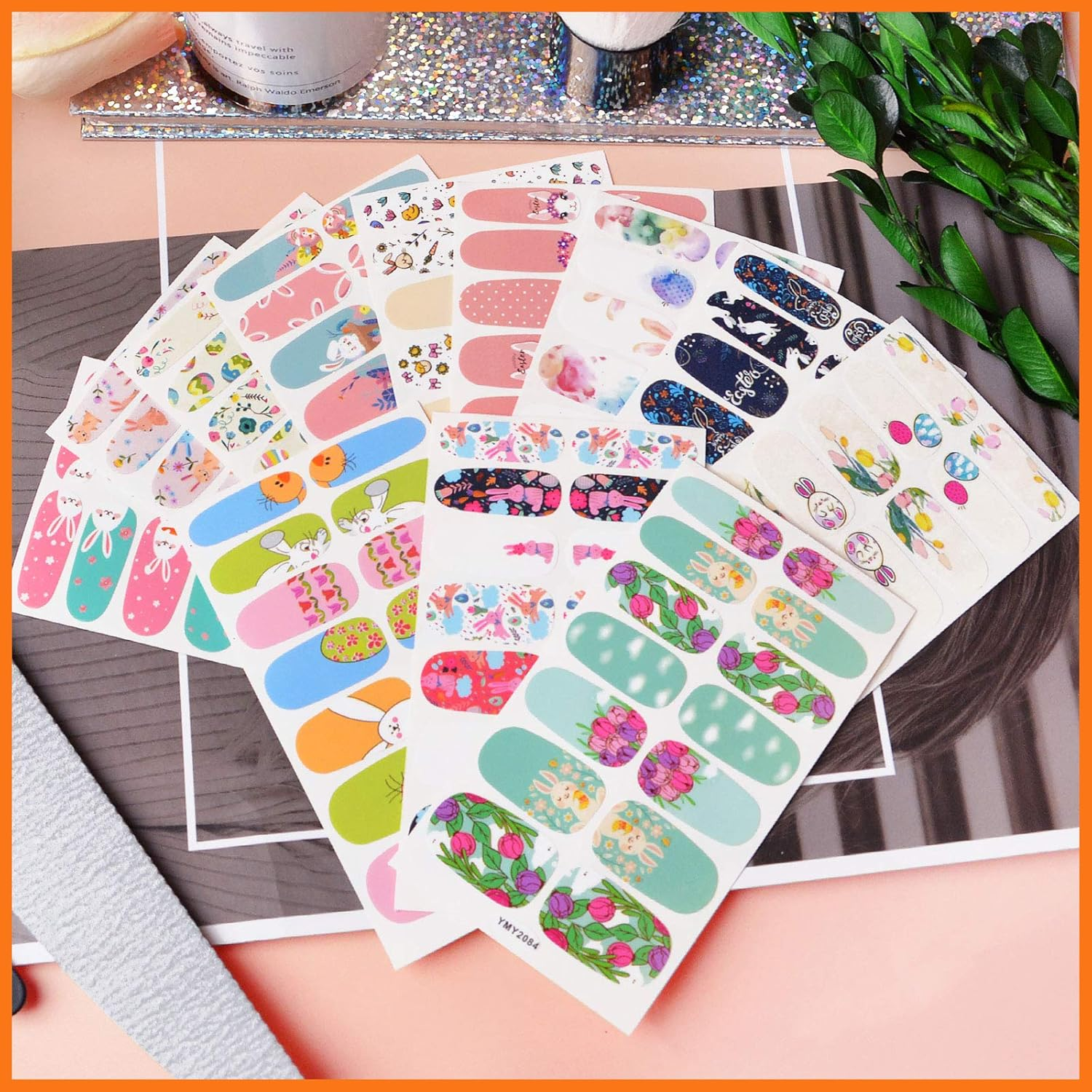 Easter Full Wraps Nail Art Stickers, Kalolary 12 Sheet Easter Self-Adhesive DIY Nail Art Decals Strips Eggs Rabbits Adhesive Nail Decals Manicure Set with Nail File for Women Girls image number 6