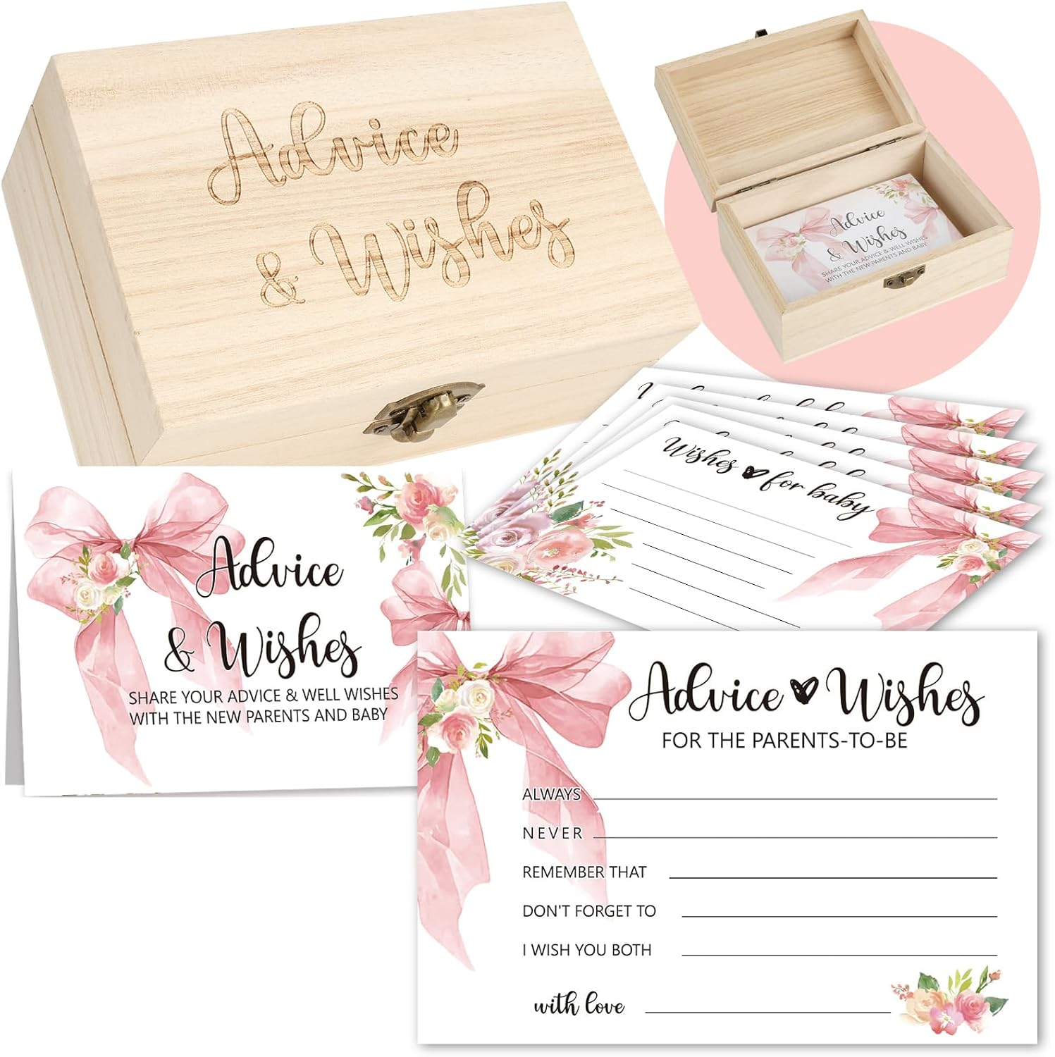 50 Pcs Pink Bow Baby Shower Advice Cards for Parents to Be,Advice and Wishes Cards Box for New Parents,Wishes for Baby Card,Baby Shower Games Decorations Girl image number 5