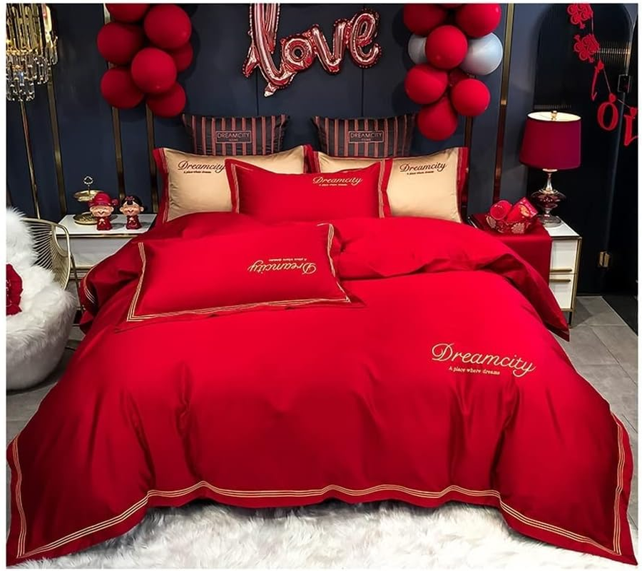 Red Duvet Cover King Full/Double Size Solid Comforter Cover Soft and Breathable Red Bedding Set with Zipper Closure with 1 Fitted Sheet and 2 Pillow Shams (Color : G, Size : 200X230-150X200Cm) image number 3