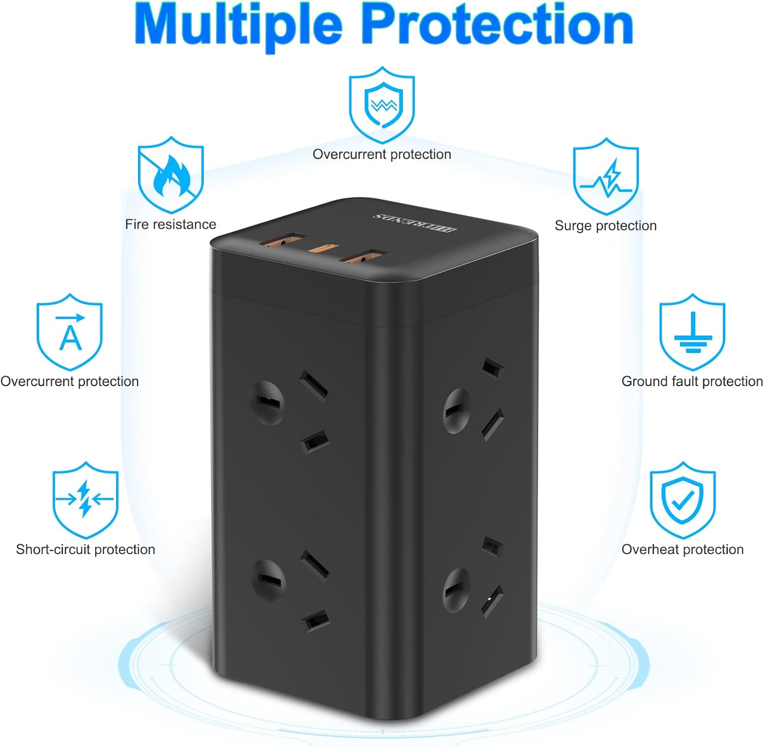 HITRENDS Tower Power Strip Surge Protector, 6 AC Outlets with 2 USB-A Ports and 1 USB-C Ports, 1.6 M Extension Cord, Power Board Tower for Home, Office, School, RCM Certified image number 4