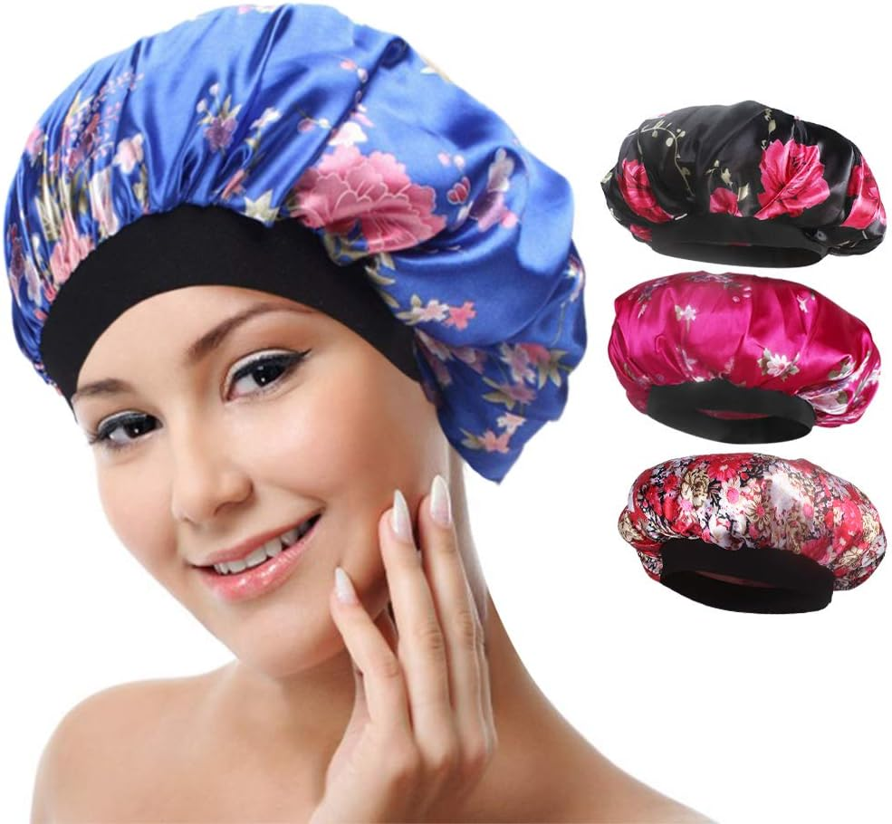 4 Pack Soft Satin Sleeping Cap Wide Band Salon Bonnet Silk Night Sleep Hat Hair Loss Cap for Women, 4 Styles image number 6