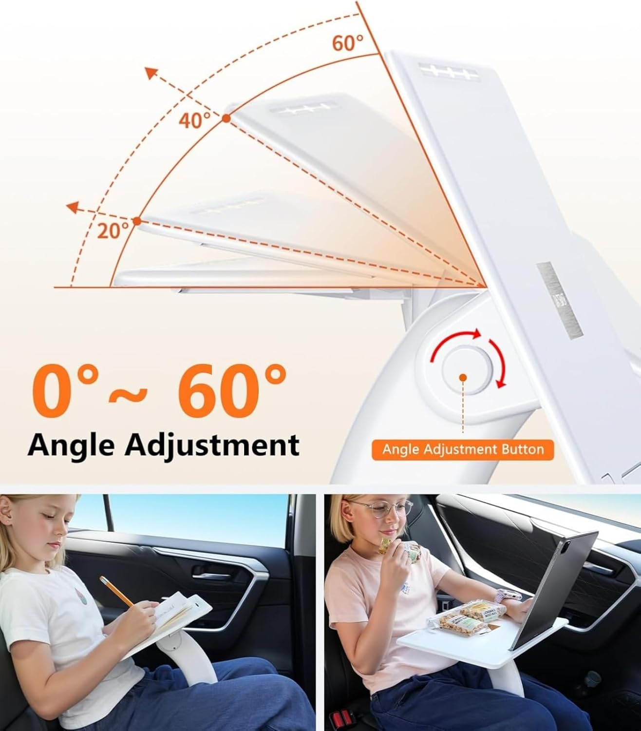 Car Seat Tray Table, Adjustable Travel Tray for Kids/Adults, Car Lap Desk for Laptop Computer Tablet Book, Front Passenger/Rear/Driver Seat Food Eating, Essentials Accessories for Long Trips image number 2