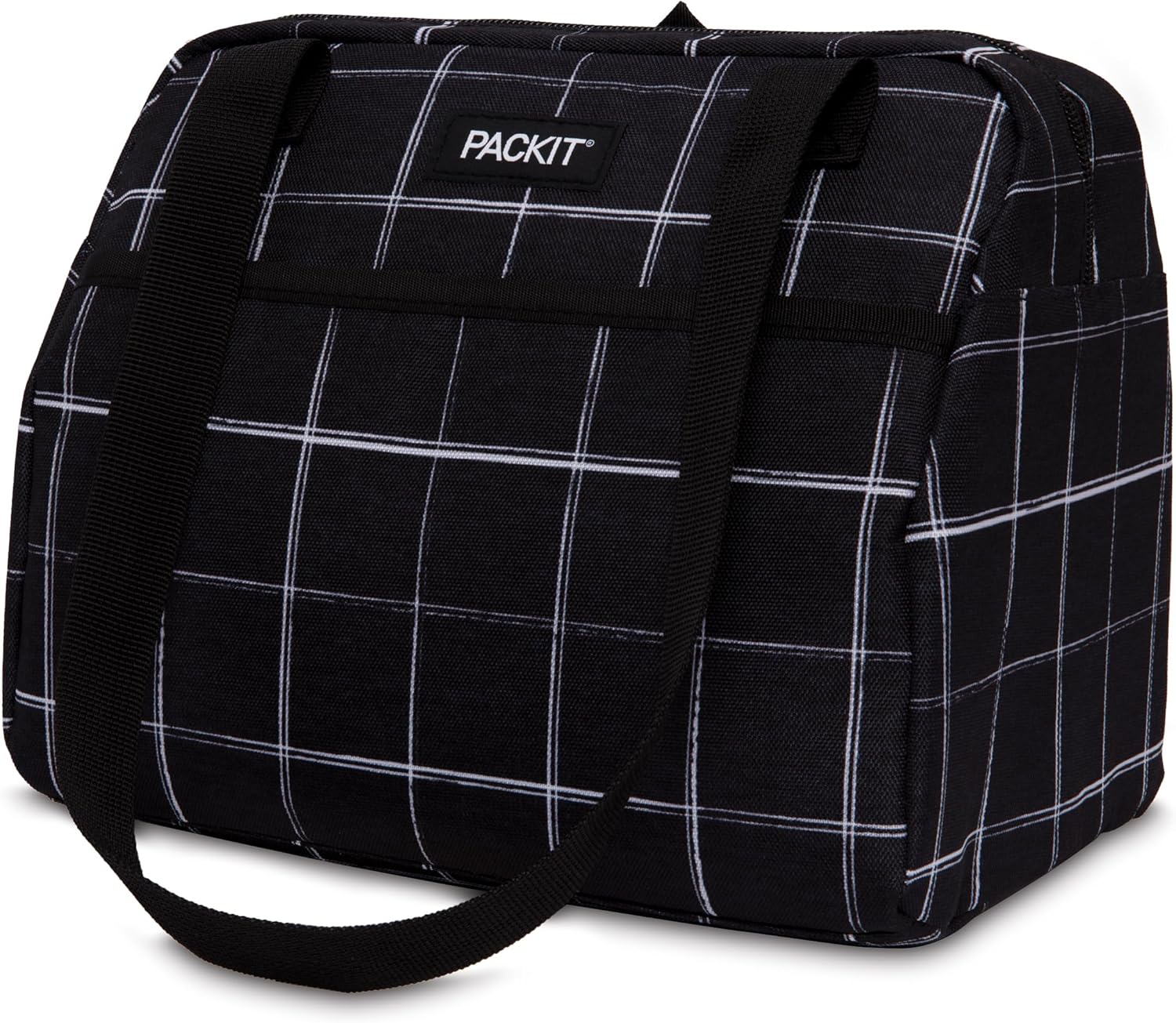 PACKIT Freezable Hampton Tote Bag - Stylish Design Picnic Lunch Cooler Bag for Travel, Cool On-The-Go Convenience - 27X20X22Cm (Black Grid) image number 5