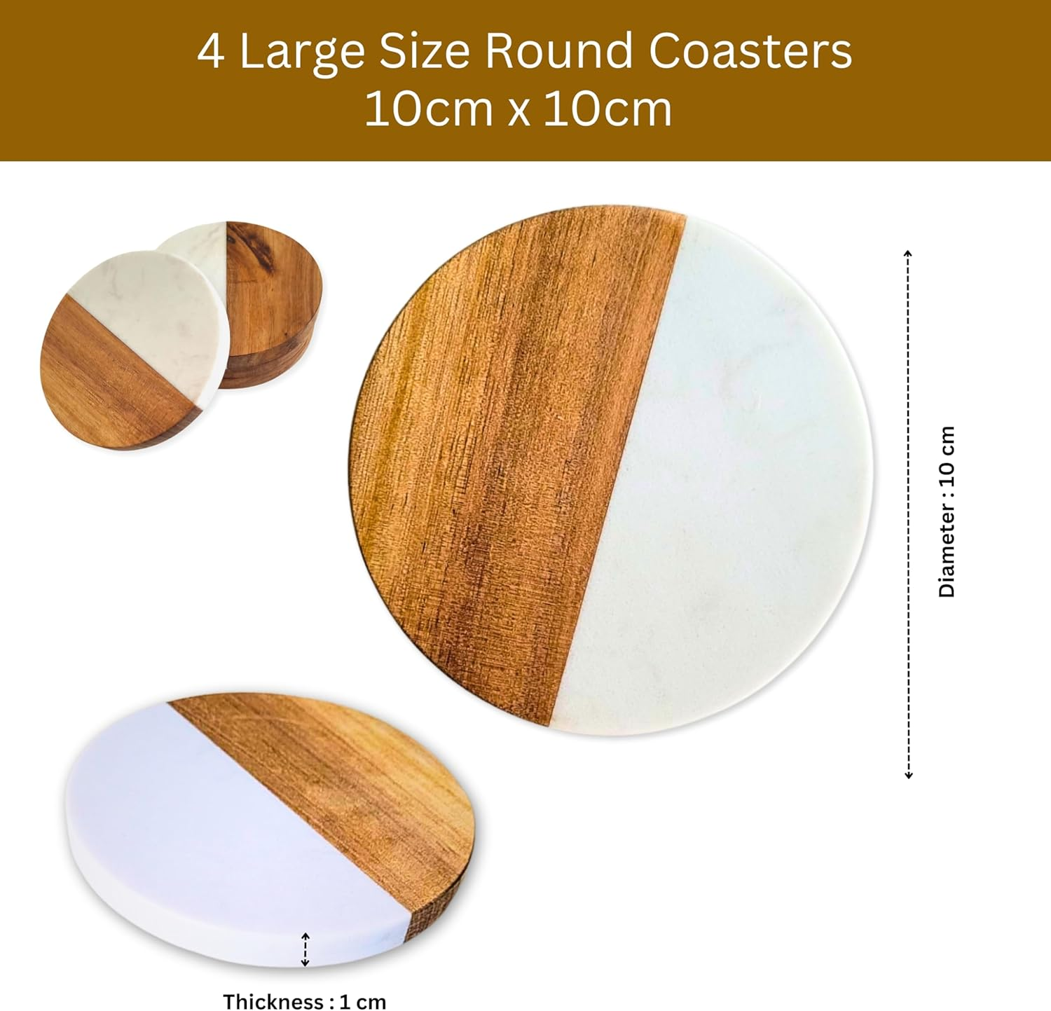 Acacia Wood and Marble Coaster Set of 4 for Coffee Table Decor, Dining Table, Office - Wooden Tabletop Coasters -Premium Drink Coasters for Kitchen, Restaurant, Bar, Caf&eacute; and Christmas Gifting image number 1