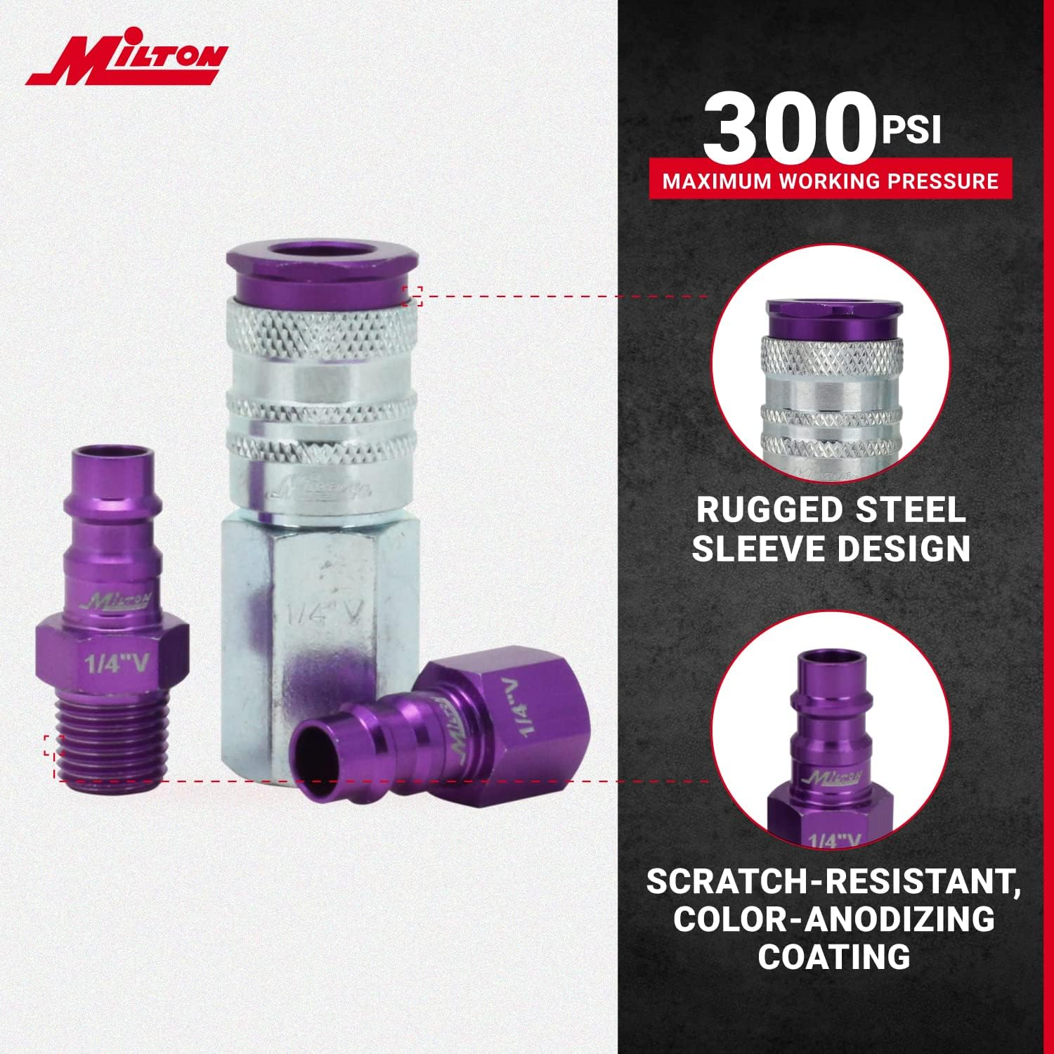 Milton S-303VKIT HIGHFLOWPRO Coupler & Plug Kit V-Style 1/4 NPT Purple - 3 Pieces image number 6