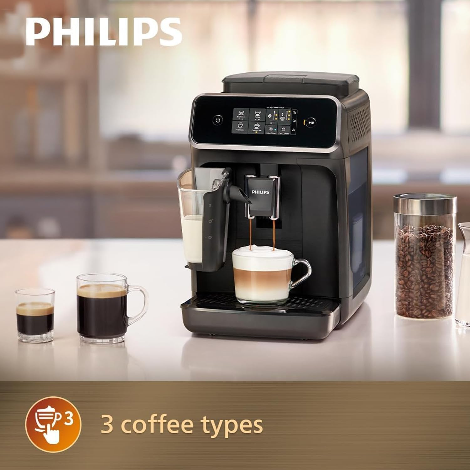 Philips Series 2200 Fully Automatic Espresso Machine with Lattego, 3 Beverages, Touch Display, Glossy Black (EP2231/40) image number 4
