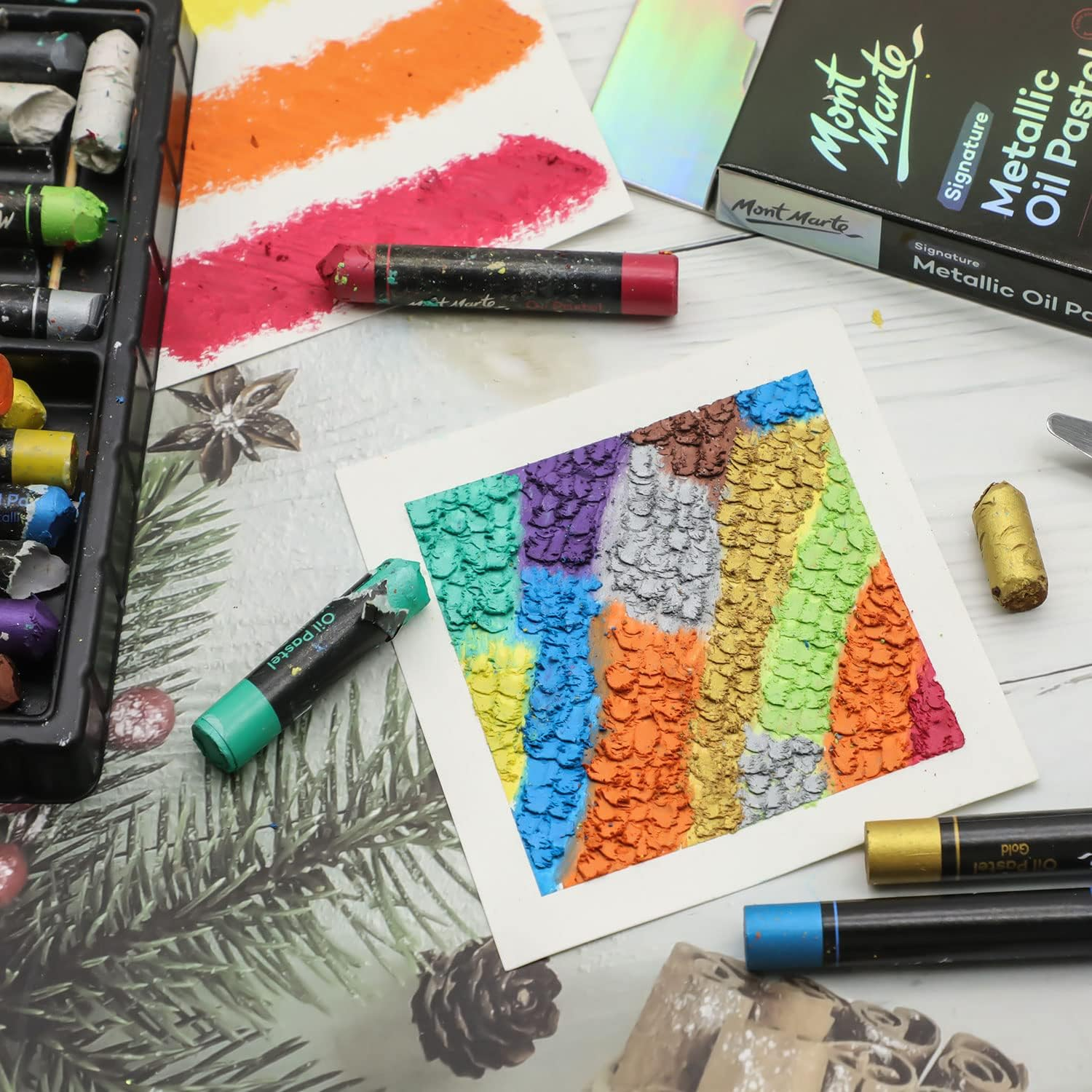 Mont Marte Metallic Oil Pastels Signature 12Pc, Assorted Metallic Colours, Vibrant and Buttery, Versatile Art Pastels for Blending, Layering & Shading, Ideal for Art, Craft, Colouring and Sketching